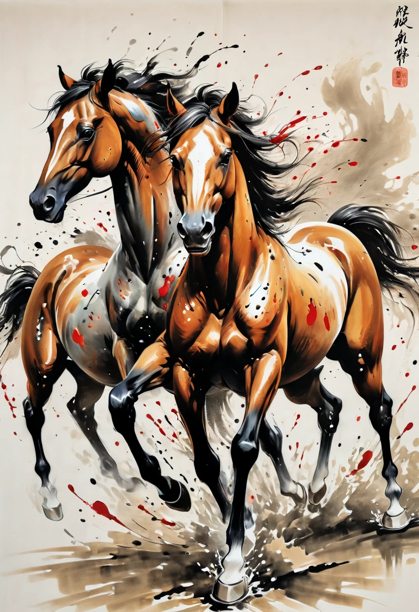 ink splash, paint splatter, Running horses, by Qi Baishi, intricate, (best quality, masterpiece, Representative work, official art, Professional, 8k)