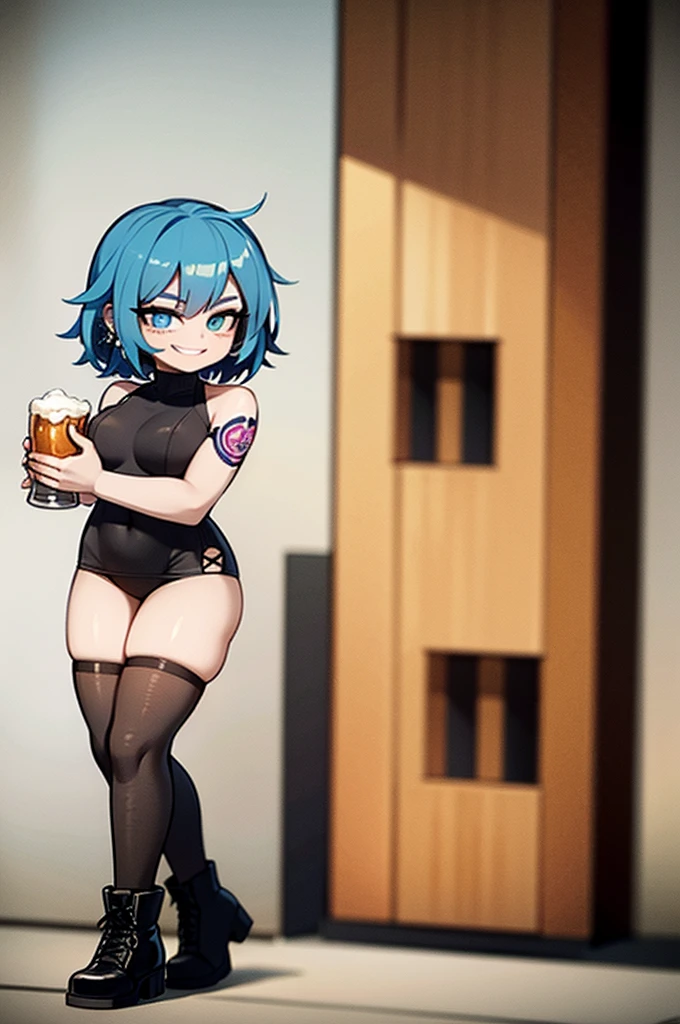 young girl, blue hair, 18 years old, small breasts, small biotype, bob hair, tattoed arms, black tattos, piercings in face, , black dress, black letter dress, short dress, punk dress, wearing fishnet stockings, black boots, smiling, looking at viewer, holding beer cup, 4k, masterpiece