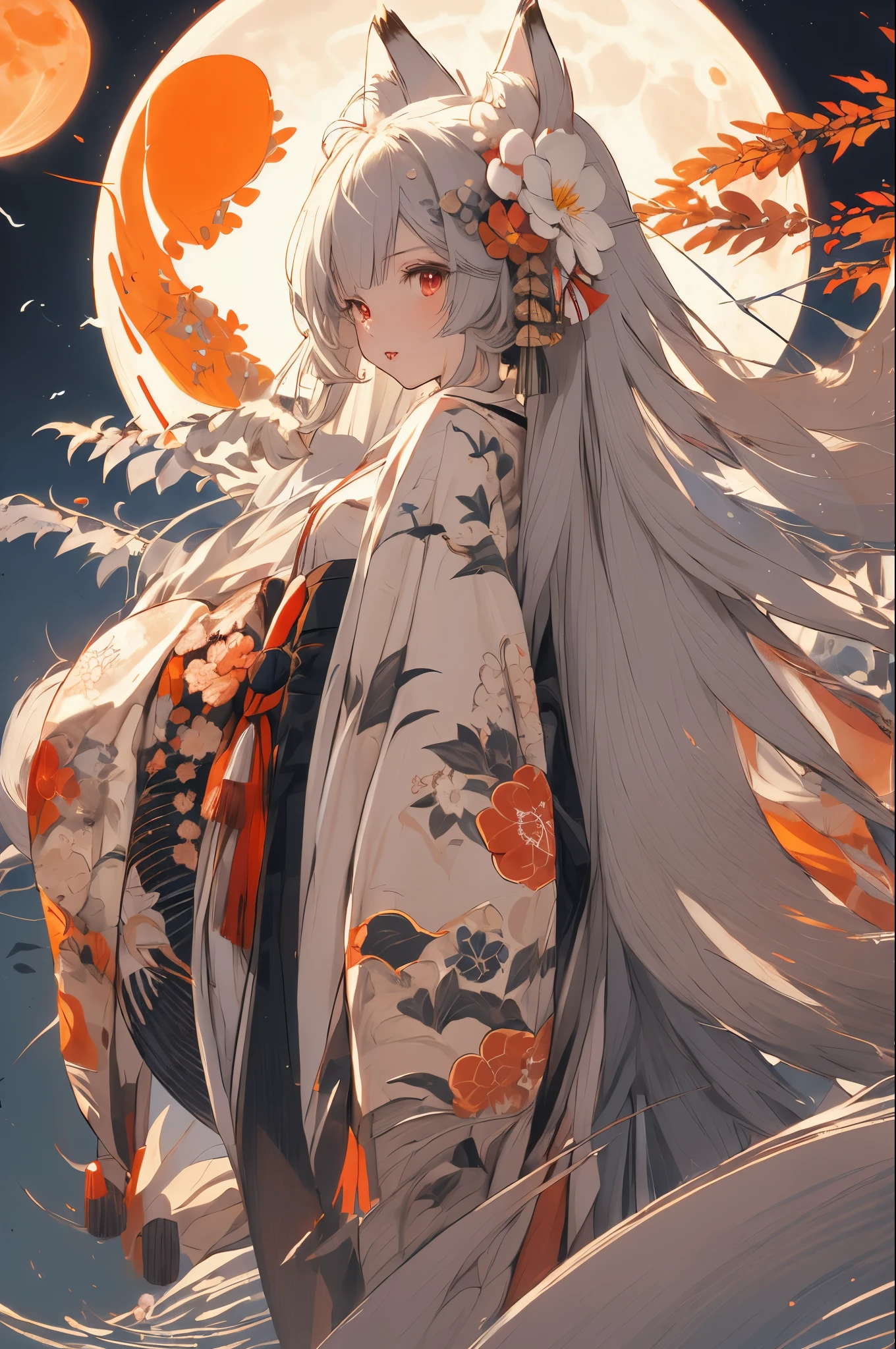 (masterpiece:1.2), highest quality,pixiv,  
1 girl, alone, long hair, moon, kimono, kimono, gray hair, Ahoge, looking at the viewer, animal ears, red eyes, long sleeve, bangs, full moon, wide sleeve, flower柄, hair ornaments, tassel, hair between eyes, flower, Are standing, parted lips, fox ears, animal earsの綿毛, white kimono, hair flower, print kimono, very long hair, folding fan, white flower, legs stick out from frame
 