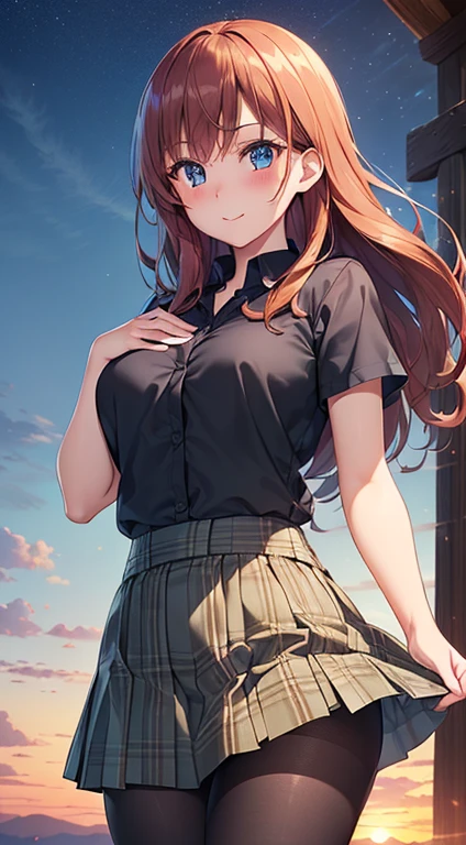 ((best quality, high resolution, pixel perfect, 4K))), 1girl in, single, alone, Beauty、see whole body、 ((Long hair to waist, Bangs, reddish brown hair)), ((blue eyes, beautiful eyelashes, realistic eyes)), ((Detailed face, blush:1.2)), ((smooth texture:0.75, lifelike质感:0.65, lifelike:1.1, Anime CG style)), medium breasts, Perfect body, ((black short sleeve shirt, light blue skirt, Plaid skirt,Black tights)), smile in love, Bend forward, Lift your skirt with both hands、(The wind was so strong that my skirt blew over，The chest is exposed、Black tights),night