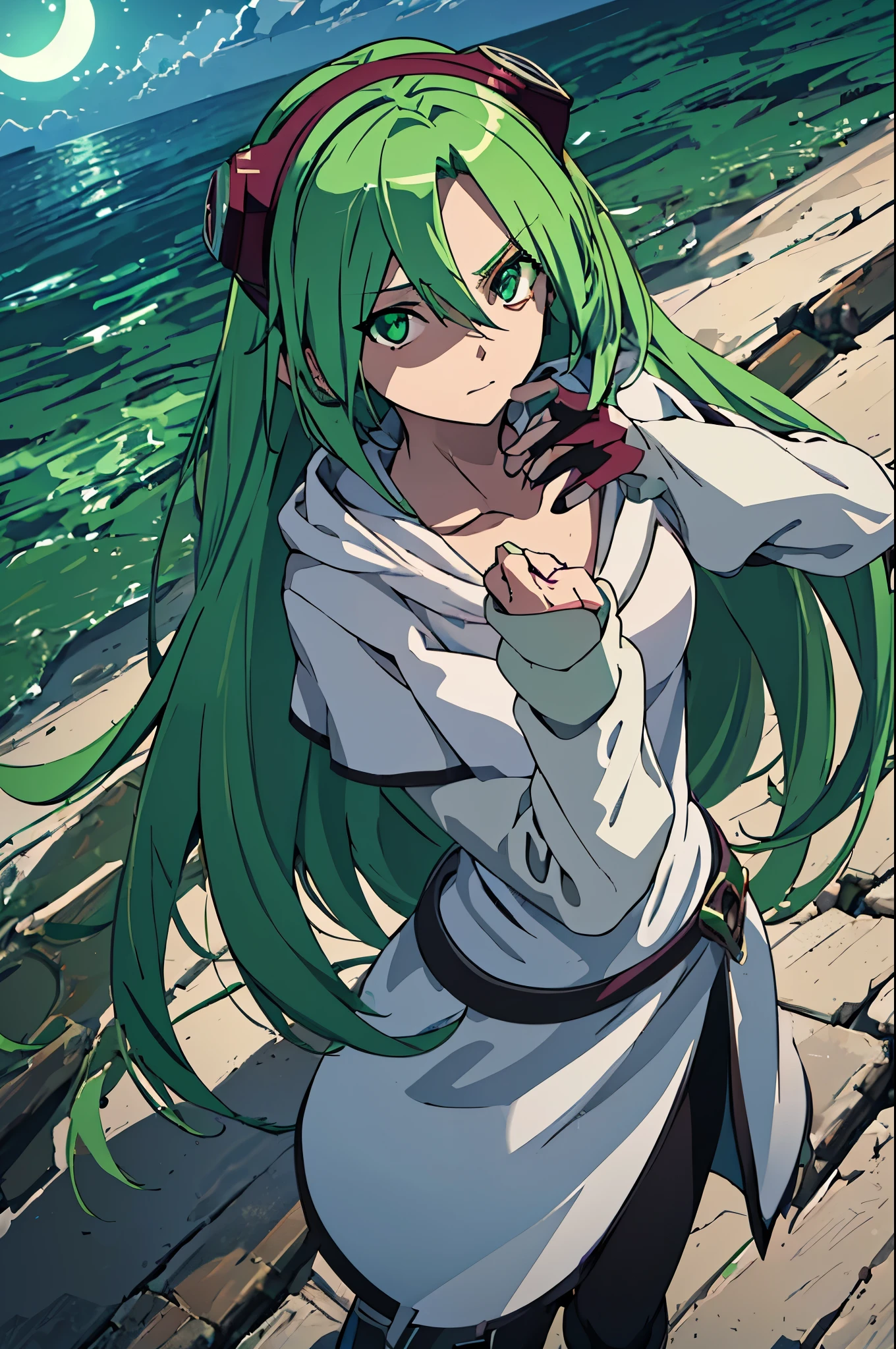 masterpiece, best quality, ((1girl)), (colorful), (finely detailed beautiful eyes and detailed face),cinematic lighting,body shot,extremely detailed CG unity 8k wallpaper, sky, cloudy_sky, building, moonlight, moon, night, (dark theme:1.3), light, fantasy, ((green Eyes)) (((green Hair))) ((Mischievous)) ((1girl)) ((Tomboy))