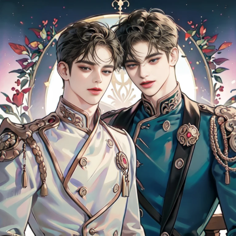 colorful, masterpiece, high quality, sharp, auto focus, looking at something else, ((2 men)),( Gay Men,Yaoi Male), Handsome brothers, empty eyes, Ruby-shaped pupils, shining eyes, evil smile, man's face,male hair, pixie cut, Hair above the eyes, hair between eyes,Old commander's uniform, Upper body, cinematic, Particle Light, best shadow, ray tracing, very detailed