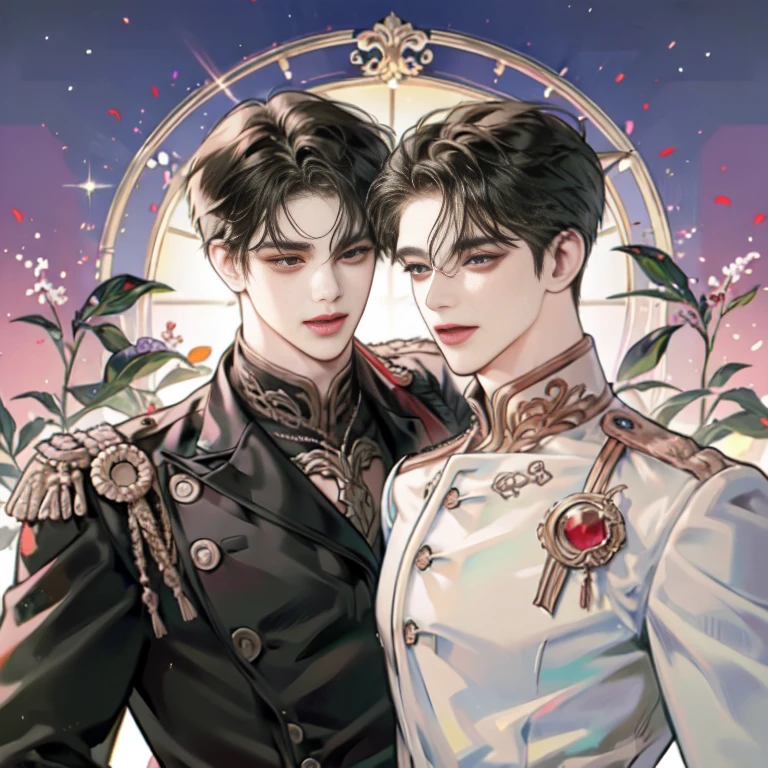 colorful, masterpiece, high quality, sharp, auto focus, looking at something else, ((2 men)),( Gay Men,Yaoi Male), Handsome brothers, empty eyes, Ruby-shaped pupils, shining eyes, evil smile, man's face,male hair, pixie cut, Hair above the eyes, hair between eyes,Old commander's uniform, Upper body, cinematic, Particle Light, best shadow, ray tracing, very detailed