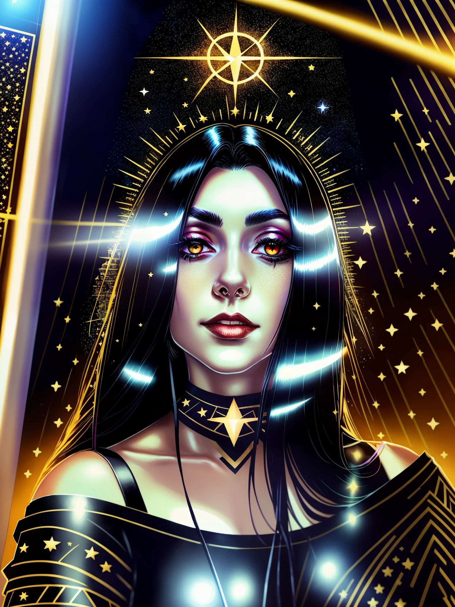 woman with long black hair wearing a black top, female with long black hair, woman with black hair, ((with straight black hair)), portrait, moon and stars in the background, esoteric, cell-shading style, european woman, serious, arrogant, black eyes, tarot style, soft lighting, mouth shut