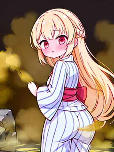 1 girl、Nodoka(Buruaca)、8K、must-have、anime、fart、blush、lots of yellow gas、Yellow gas comes out from the butt、animeチック、Are standing、Gray yukata、white obi、red eyes、long hair、Gentle Pose、blonde、Hold your stomach、Flustered face、Hip Attack、stick out your butt、