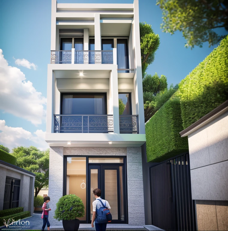 Modern townhouse, combining neoclassical style, street, car running in front of the house, (LoGo:1.5 not appearing), Modern Style, Extremely detailed image, masterpiece, surreal, rendered by vray 2023, 8k rendering, White walls, aluminum glass doors and windows, large yard covered with ceramic tiles, Natural light, cloudy, daytime a few clusters of beautiful small flower pots 8K
