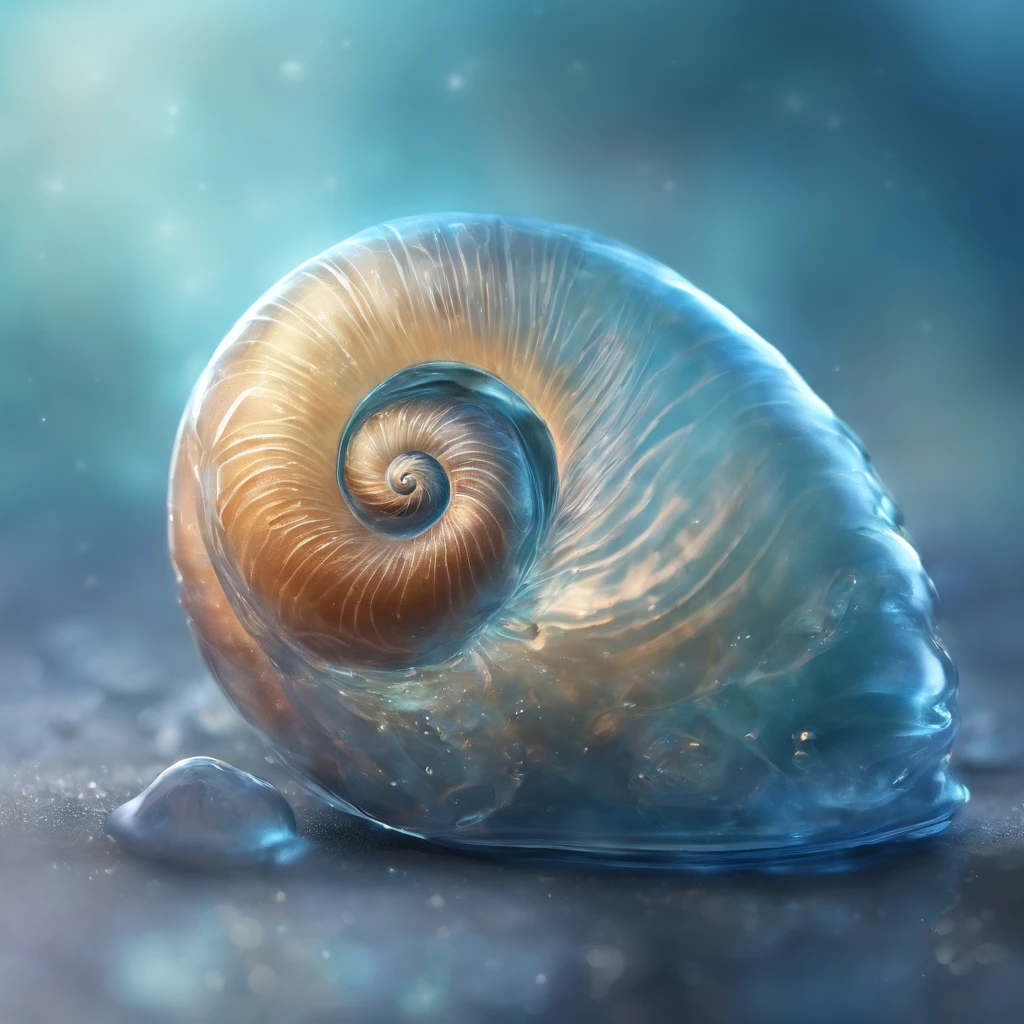solo sea snail shell, transparent glassy texture, very light blue color touch, dark black background, Futurism, depth of field, masterpiece, high details, high quality, HD