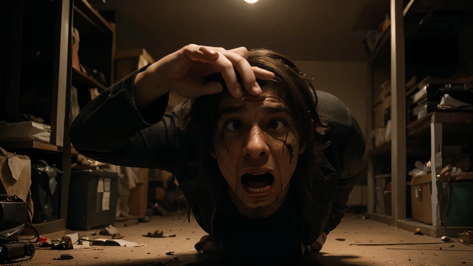 Create an impactful final image, showing the protagonist's face contorted in horror as the plot concludes, leaving him trapped in an endless cycle of cinematic terror.