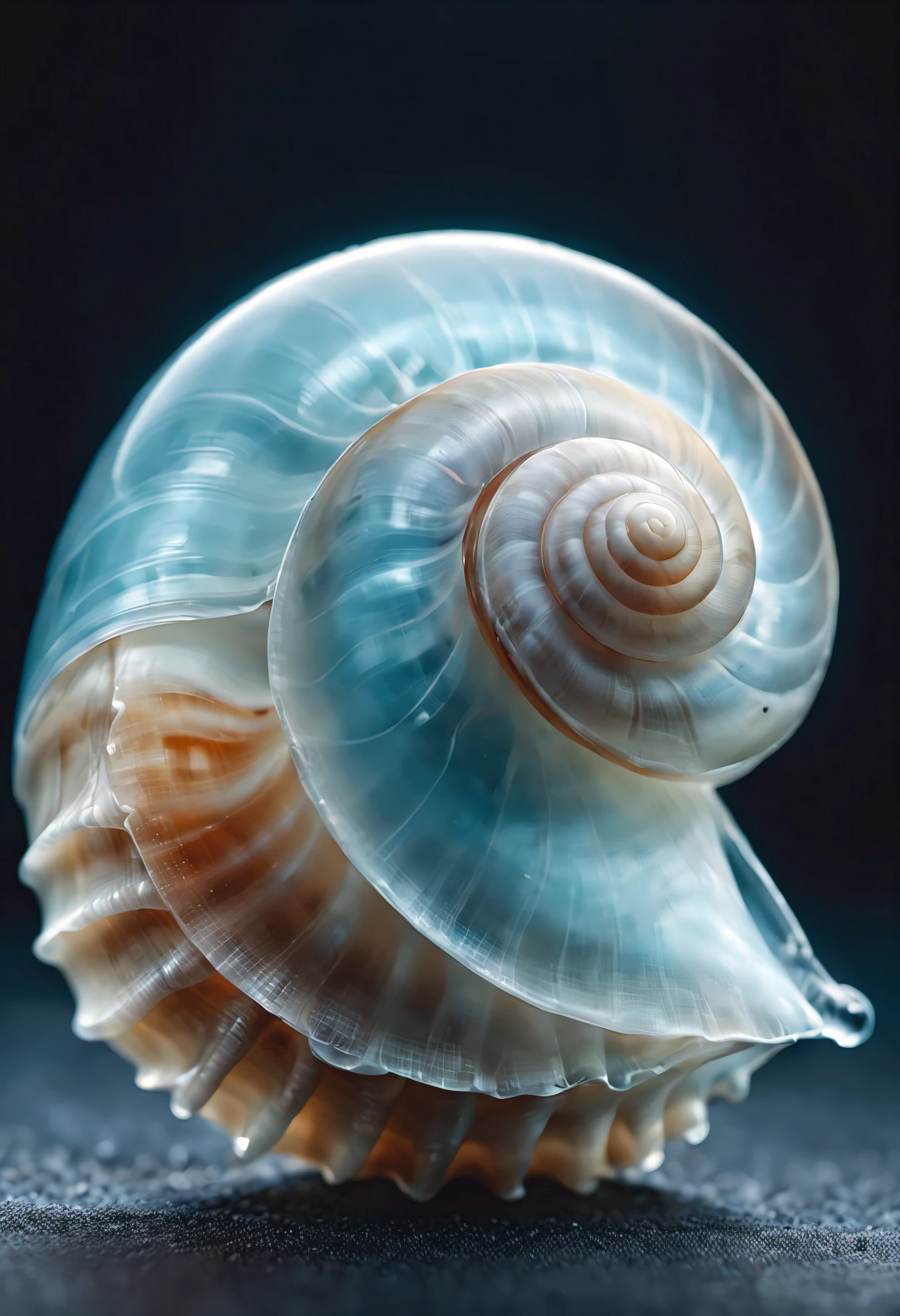 solo sea snail's shell, shell of sea snail, transparent glassy texture, very light blue color touch, black background, Futurism, depth of field, masterpiece, high details, high quality, HD
