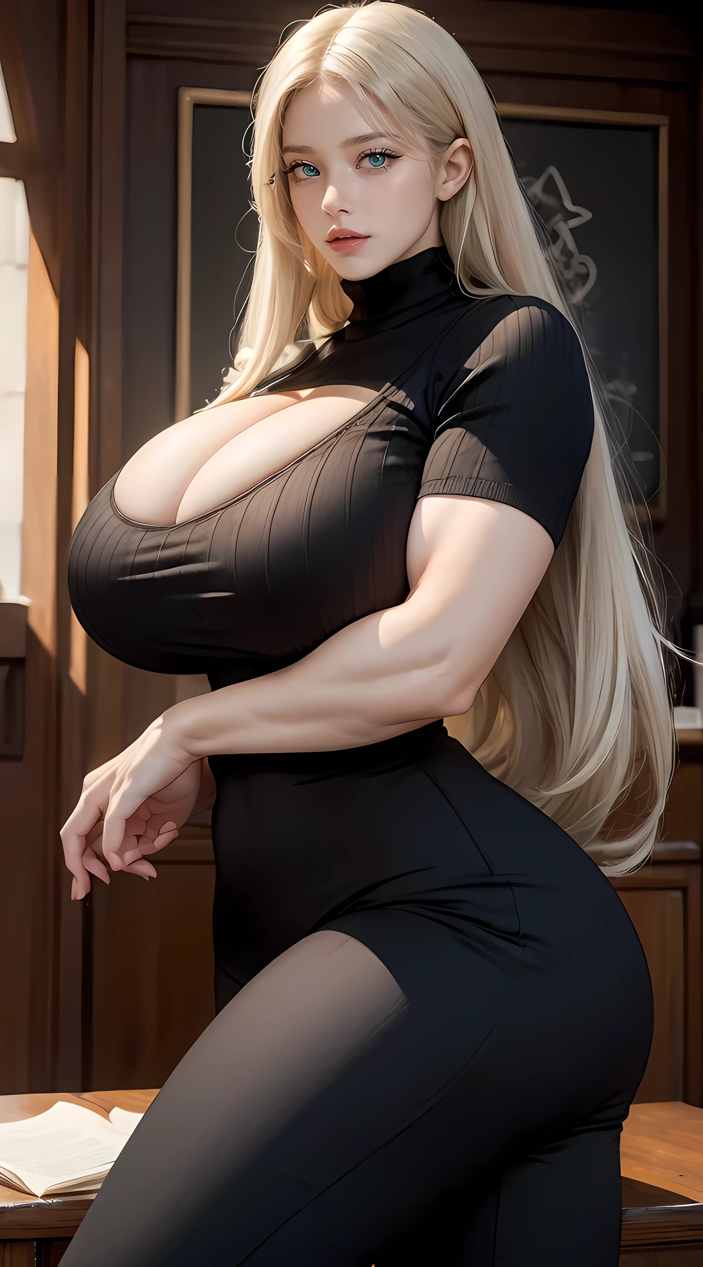 (masterpiece, best quality, high quality, highres:1.4), detailed, very tall, roupas apertadas , sweater , glasses, saia branca , huge muscular body , bodybuilder, giant booty, huge muscular arms, abs , huge muscular legs, muscular shoulders,extremely detailed, sexy ((teacher on classroom)):1.3, 4K, 1girl, (mature female, milf:1.2), long hair, Platinum blonde hair, large breasts, curvy , small waist, (Sweater, Dress pants, , cleavage), (indoor), (night), flexing muscles pose, defiance512