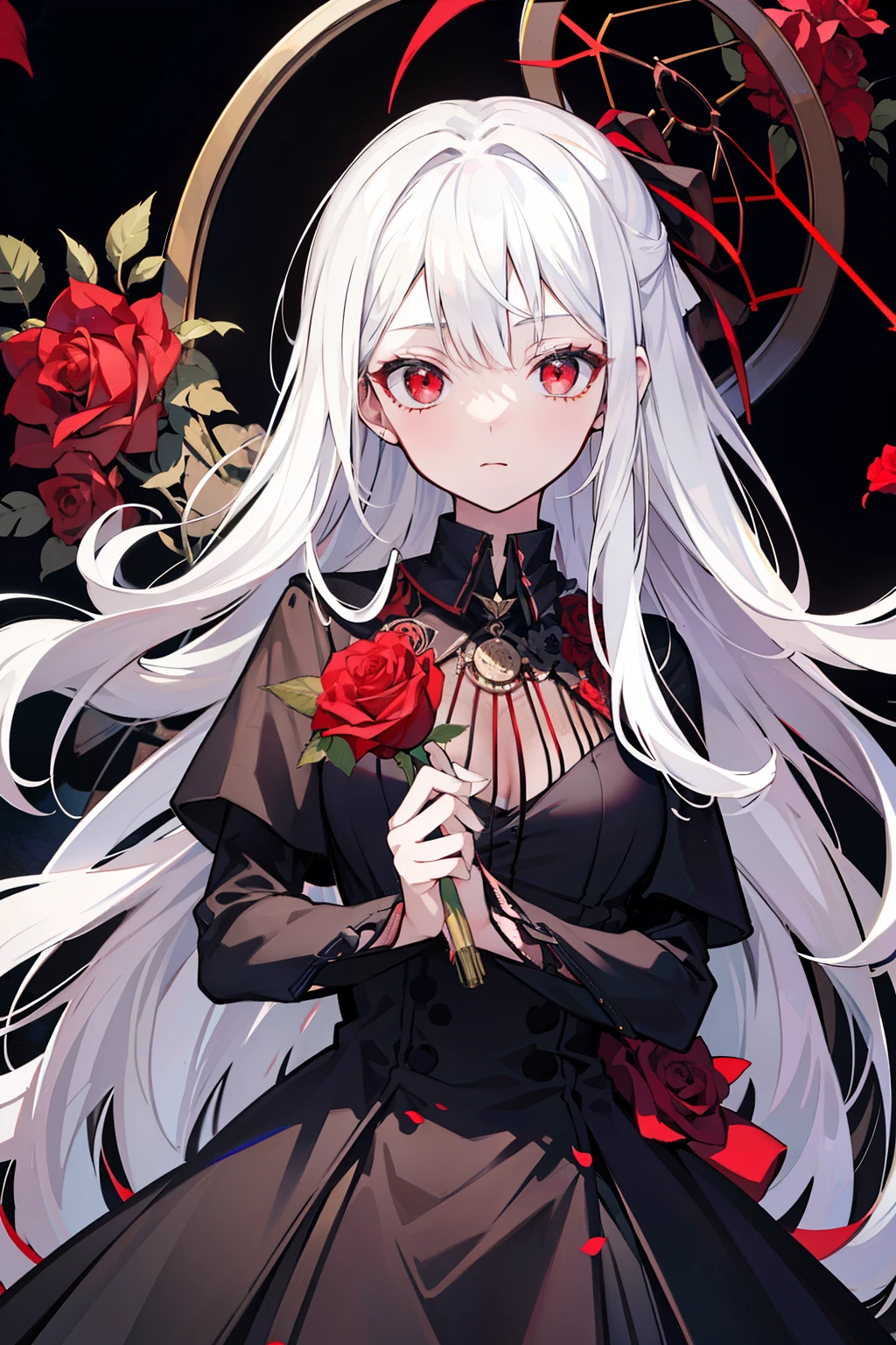 (best quality, masterpiece), (1girl, solo, black dress, standing , looking at viewer, white hair, red eyes, holding rose, closed mouth, upper body), (red dreamcatcher behind, red flower, )