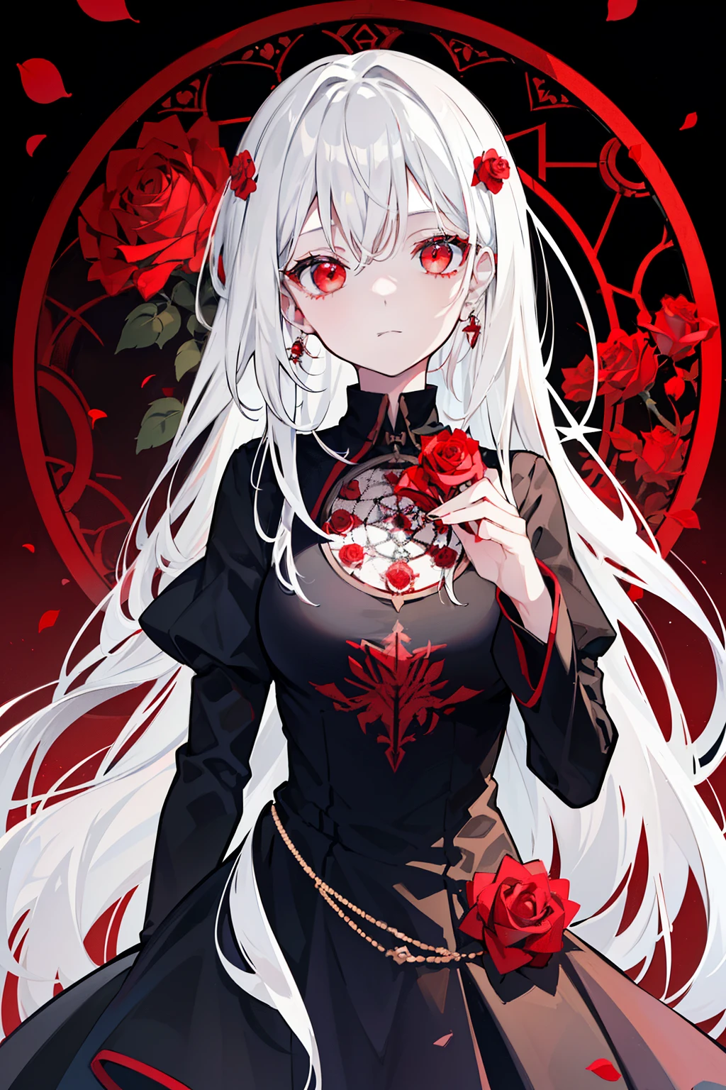 (best quality, masterpiece), (1girl, solo, black dress, standing , looking at viewer, white hair, red eyes, holding rose, closed mouth, upper body), (red dreamcatcher behind, red flower, )