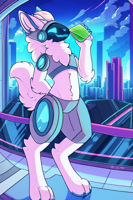 (best quality,4k,highres),protogen wearing casual clothing,white fur:1.1,blue eyes:1.1,girls,cityscape background,playful pose,cute expression,holding a refreshing drink,peace sign