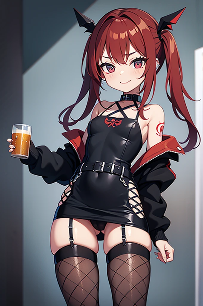 young girl, red hair, 18 years old, small breasts, small biotype, long hair, tattoed arms, black tattos, piercings in face, , black dress, black letter dress, short dress, punk dress, wearing fishnet stockings, black boots, smiling, looking at viewer, holding beer cup, 4k, masterpiece