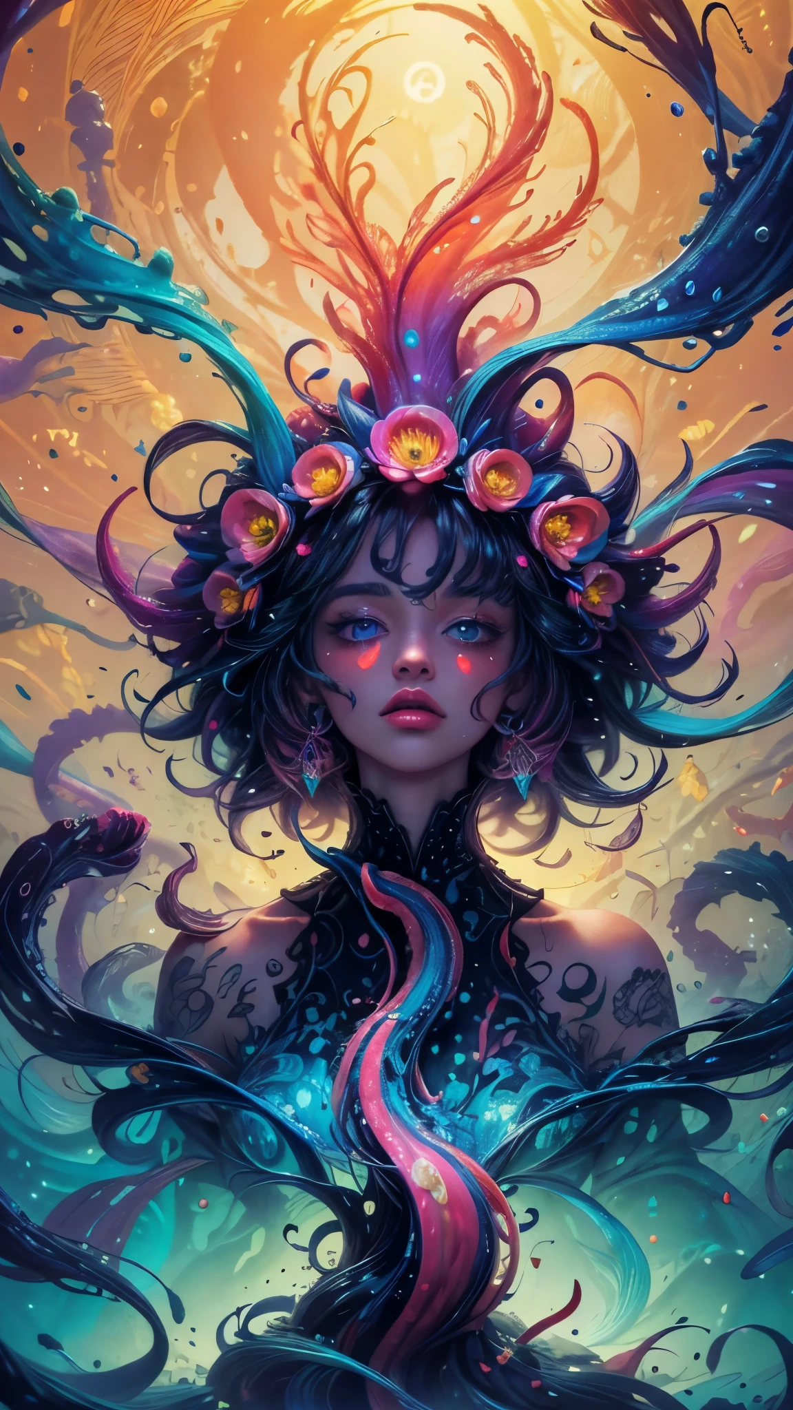 Super delicate,4K,8K,high resolution,masterpiece。Squid splatters colorful ink,Colorful squid,Brilliant colorful ink background,Fantastical colors,dream,wondrous