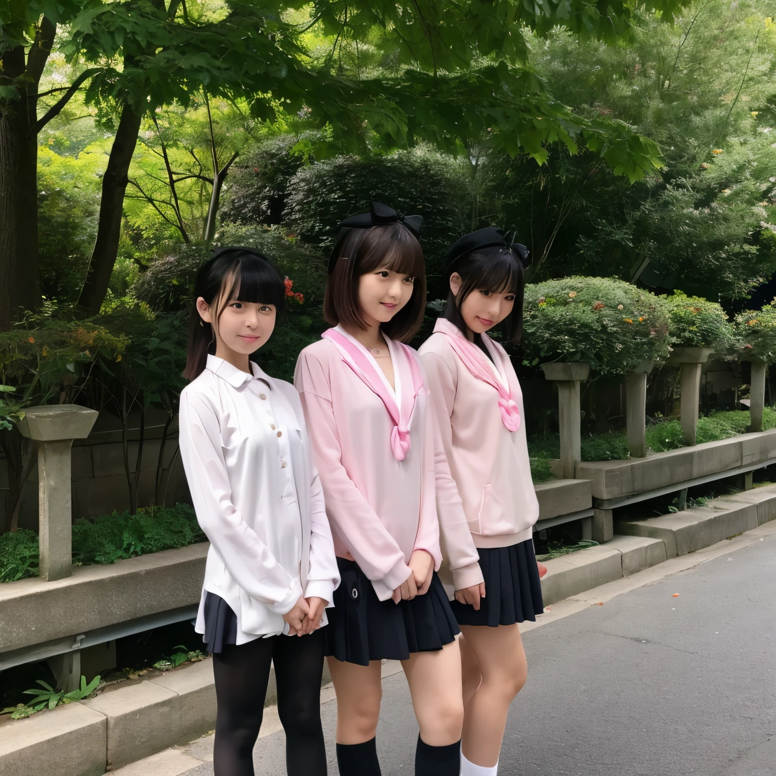 (((NSFW))), (Raw photo:1.2), (realistic), beautiful detailed girl, very detailed eyes and face, beautiful and detailed eyes, huge file size, High resolution, very detailed, highest quality, [table top:1.6], shape, very detailed, small details, highest quality, 8k wallpaper, movie lighting,3 girls aged 15, 春の公園のCrouching by the pond, A stylish spring-like skirt, Legs spread and panties visible,   panty shot,  I can see white panties, relaxed look, slender body, young face, immature body, exposed panties,Looks like fun, Spring park scenery, Crouching by the pond, Panties visible between her legs