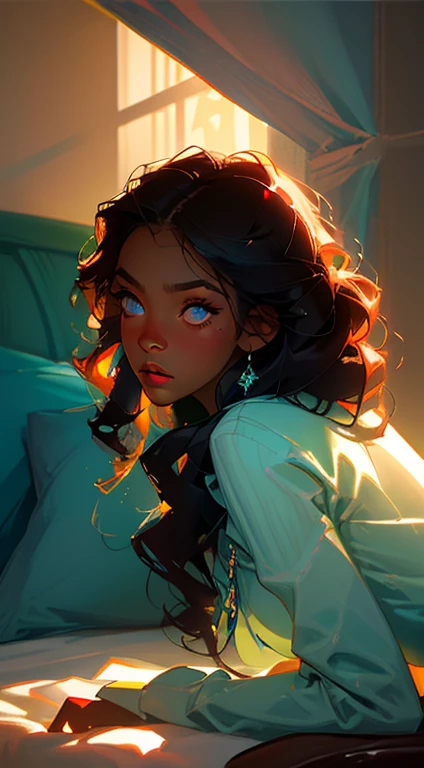 beautiful young woman, long messy curly hair, dark hair, a lot of make-up, detailed eyes, detailed hair, detailed face, dark skin, portrait. face shot, long head, big nose, big lips, ebony skin, mischievous, blue eyes, wearing dark blue pajamas, she just woke up, full body view, sleepy expression, slim girl, 16 years old, background is a bed with bedside table full of flowers and books (natural skin textures、Hyper-Realism、Soft light、sharp)