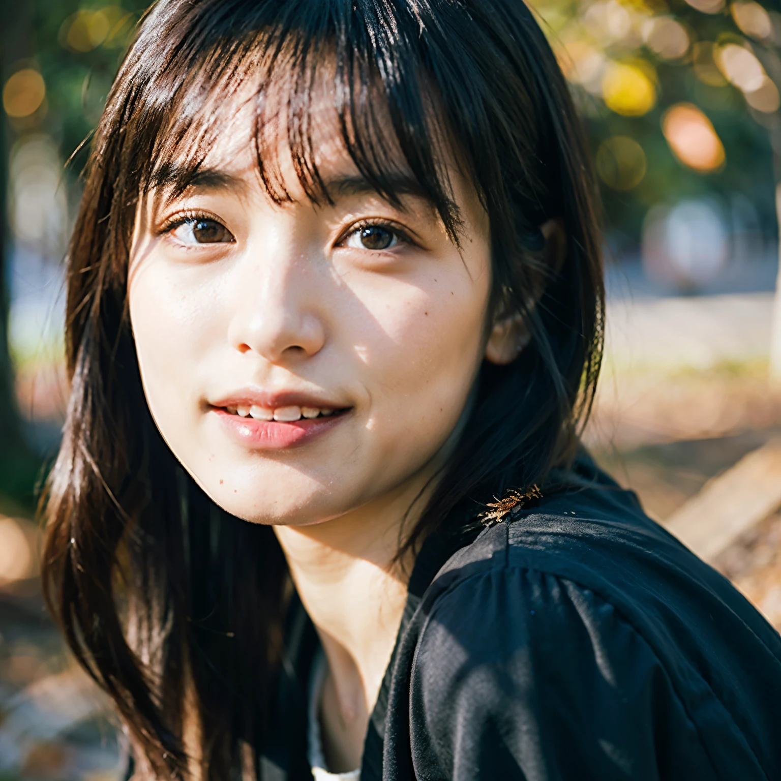 (highest quality、8K、32K、Masseter muscle part、nffsw:1.2)、cute japanese girl、1 girl、beaver、profile、(slim body shape:1.2)、(lips) 、(black hair)、double eyelid、shiny skin、realistic rays of light、big、beautiful face、(laughter:1.3)、squat、(From above:1.2)、(Close-up:1.4)、white t-shirt、Forest of autumn leaves、blurred background、(front focus)、(dark: 1.6)、fantasy art、photo realistic、professional lighting、highly detailed face、award-winning、deep shadow、