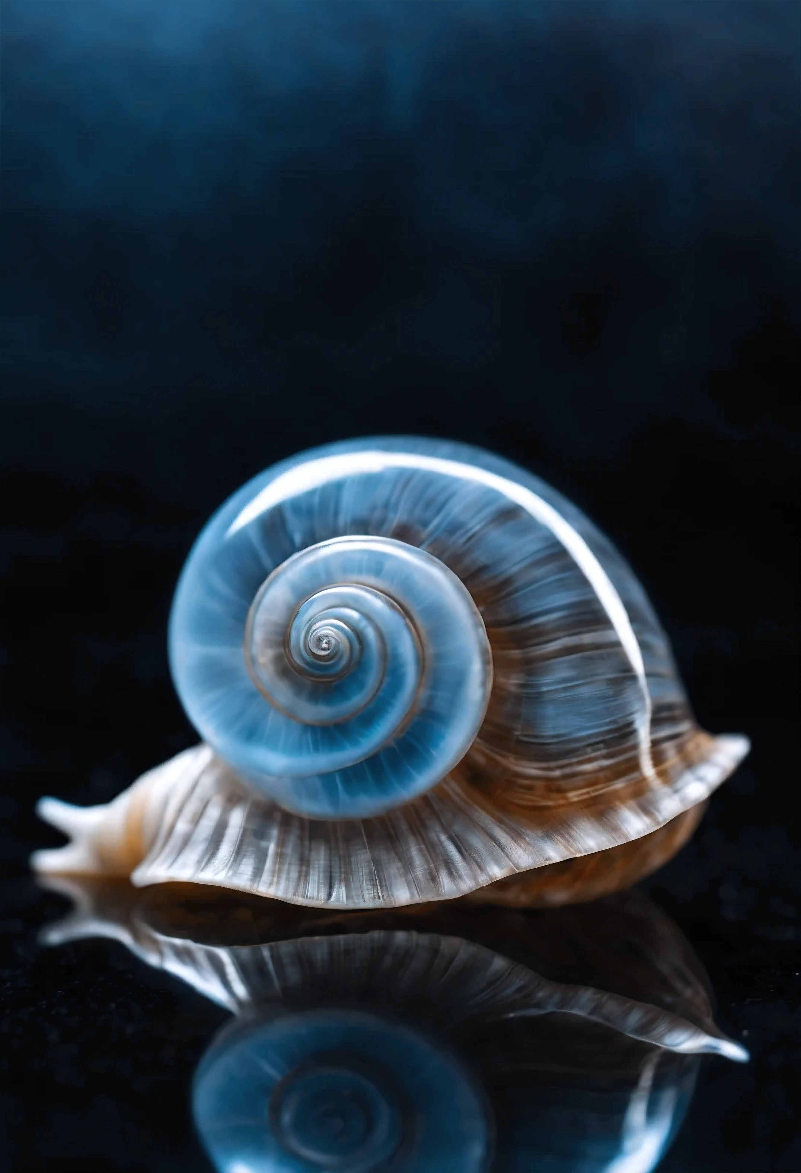 solo sea snail's shell, shell of sea snail, transparent glassy texture, very light blue color touch, black background, Futurism, depth of field, masterpiece, high details, high quality, HD
