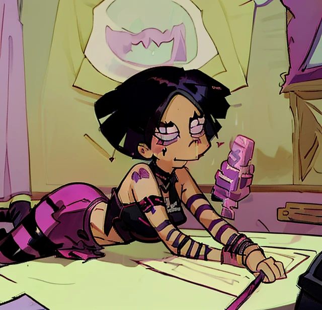 Black Cherry Amy Wong Lemonade Cookie lying down On Classroom, Ink Drawing Line, Artist by Jean-Pierre Meixiu