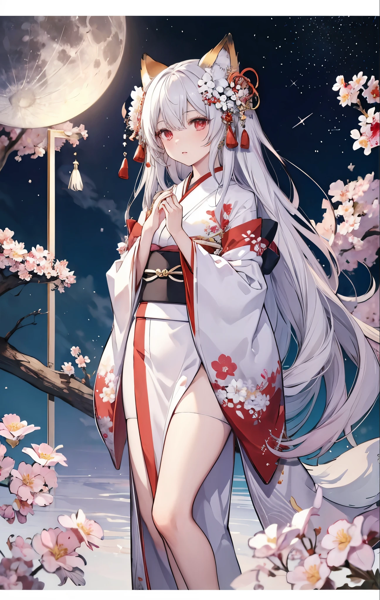 (masterpiece:1.2), highest quality,pixiv,  
1 girl, alone, long hair, moon, kimono, kimono, gray hair, looking at the viewer, animal ears, red eyes, long sleeve, bangs, full moon, wide sleeve, flower柄, hair ornaments, tassel, hair between eyes, flower, Are standing, parted lips, fox ears, animal earsの綿毛, white kimono, hair flower, print kimono, very long hair, white flower, legs stick out from frame