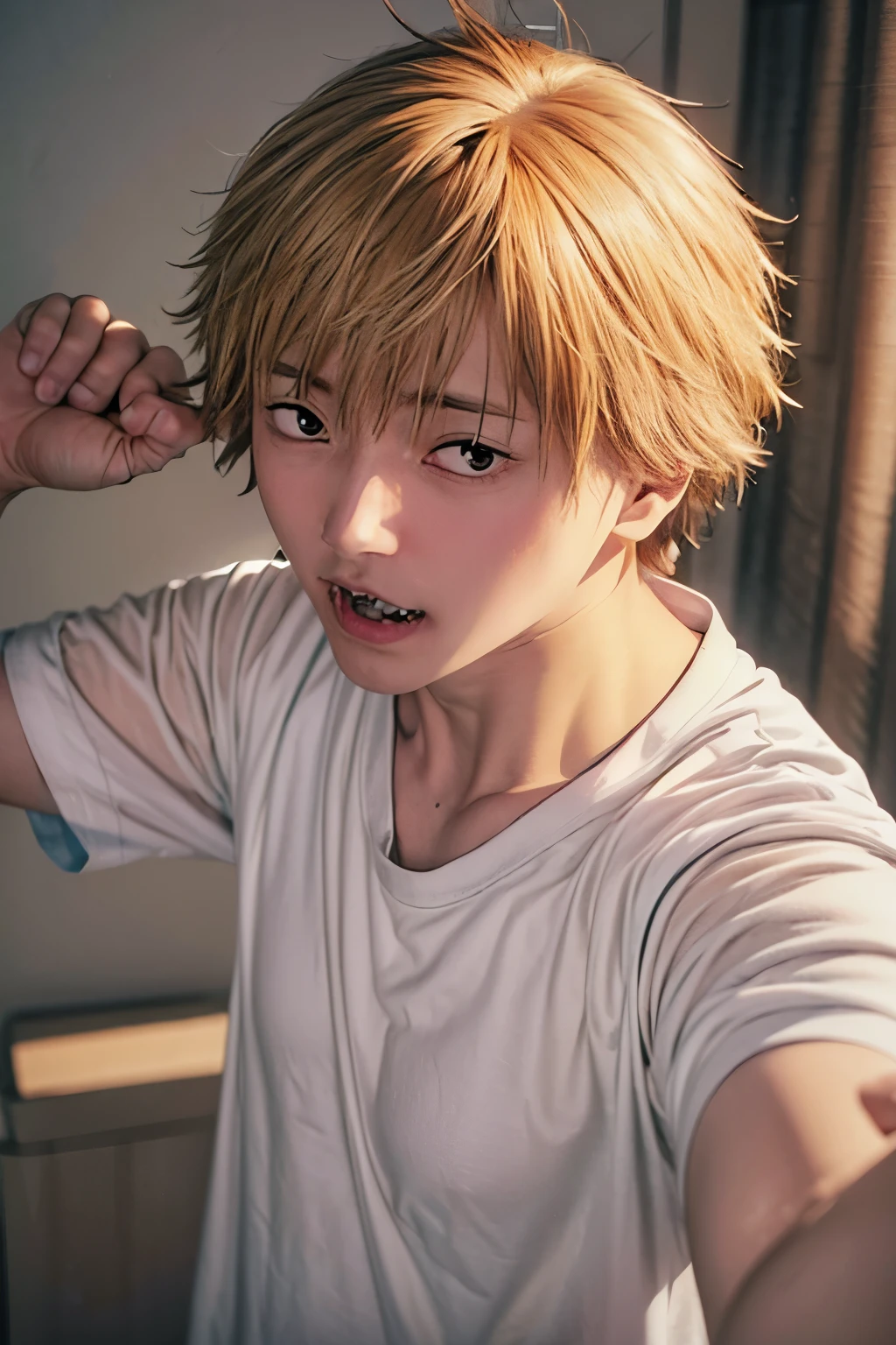 1 boy, solo, denji chainsaw man, short hair, blonde hair, lemonade pink hair, white t-shirt, male focus, looking at viewer, upper body, sharp, teeth,