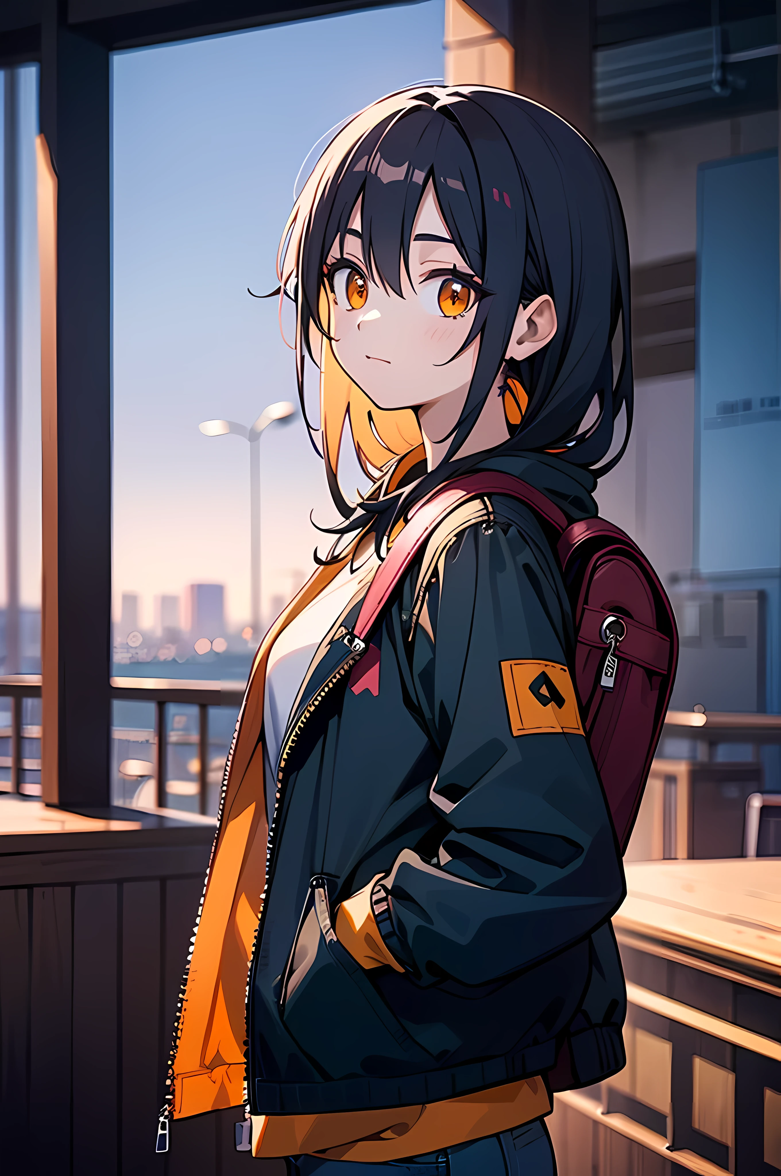 (8K Ultra High-Quality) (Masterpieces) (Image) (人物: Rimuru) 1 Girl , Long Black hair, Orange eyes colors, wearing Black T-shirt cover with another Jean Jacket, wearing Jean, background in School at Cafeteria, she carrying backpack, looking at viewer.