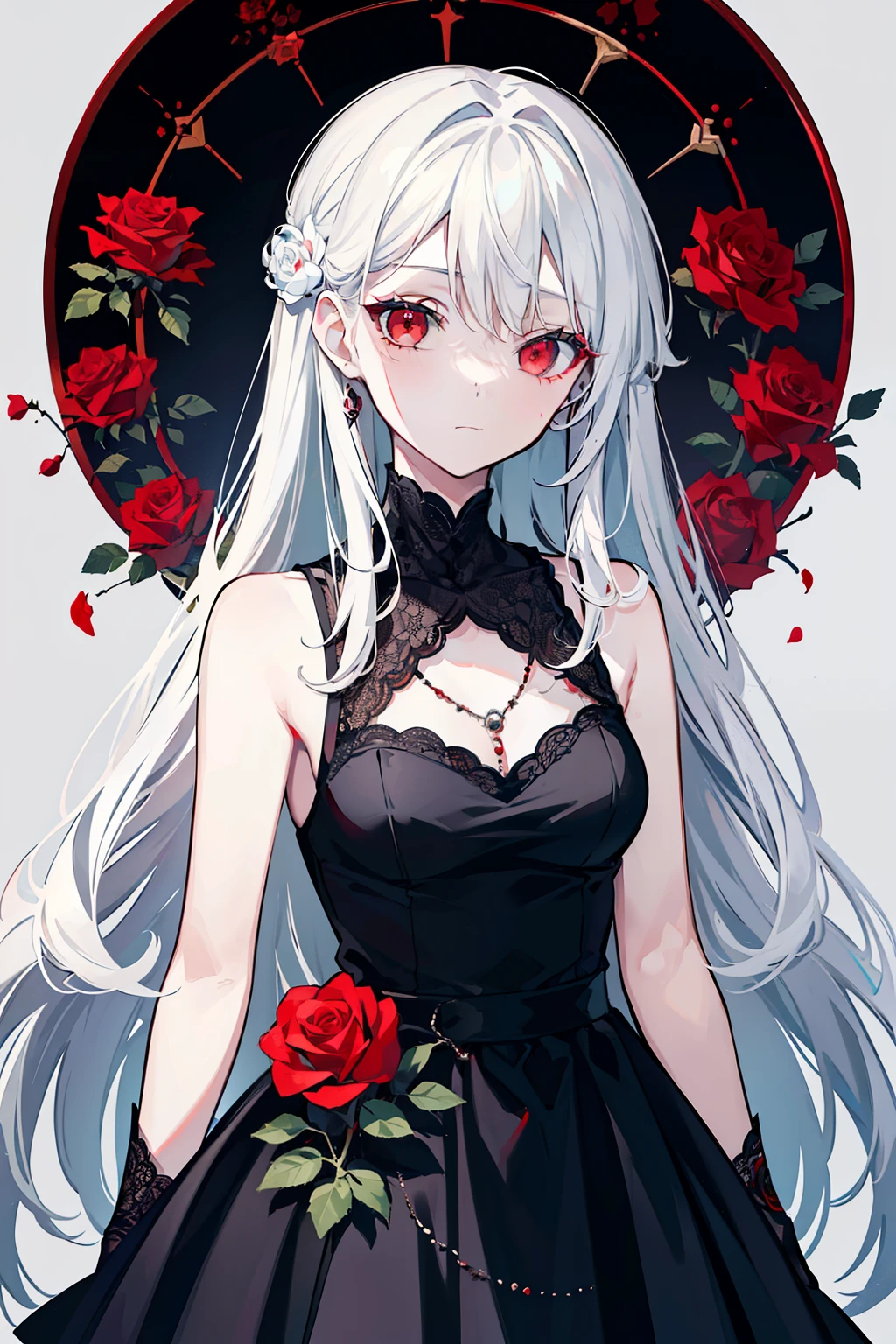(best quality, masterpiece), (1girl, solo, black dress, standing , looking at viewer, white hair, red eyes, holding rose, closed mouth, upper body), (red dreamcatcher behind, red flower, )