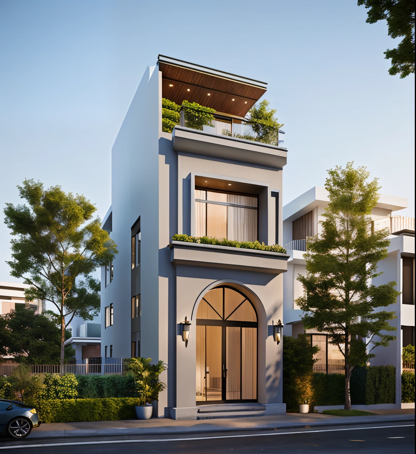 rendering of a modern residential townhouse, professional render, wide angle exterior 2023, highly detailed render, high quality rendering, realistic render, architectural render, high-quality render, detailed rendering, hyper-realistic render, hyper - realistic render, very realistic 3 d render, high render, realistic rendering, very realistic render