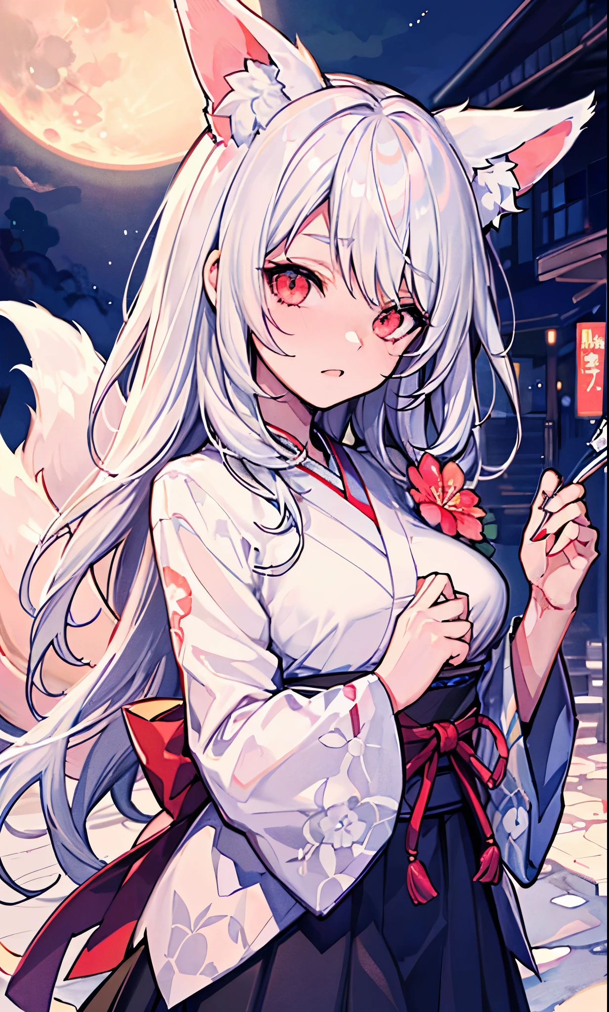 highest quality, clear and well-groomed face, くっきりとした鮮明in輝くeye, long eyelashes, 1 girl, moon, bird, star_\(null\), length_hair, starry_null, (((white_hair))), animal, wide_dispel, night, flower, night_null, holding, very_length_hair, full_moon, looking for_in_viewer, ribbon_trim, ribbon-trimmed_dispel, length_dispel, skirt, red_eye, 一人in, Japanese_Clothes, null,((medium breasts)), (((Pornographic tintoo))),fox ears, fox tail, fox girl,