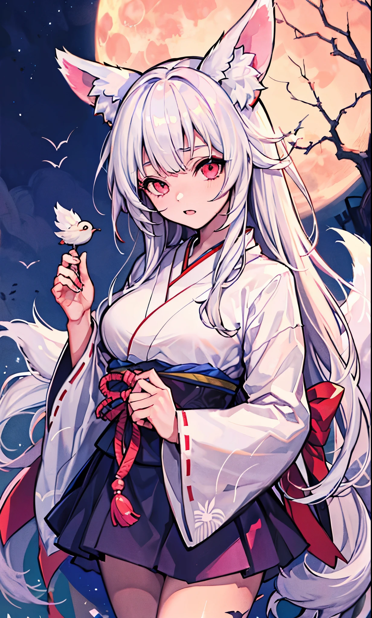 highest quality, clear and well-groomed face, くっきりとした鮮明in輝くeye, long eyelashes, 1 girl, moon, bird, star_\(null\), length_hair, starry_null, (((white_hair))), animal, wide_dispel, night, flower, night_null, holding, very_length_hair, full_moon, looking for_in_viewer, ribbon_trim, ribbon-trimmed_dispel, length_dispel, skirt, red_eye, 一人in, Japanese_Clothes, null,((medium breasts)), (((Pornographic tintoo))),fox ears, fox tail, fox girl,