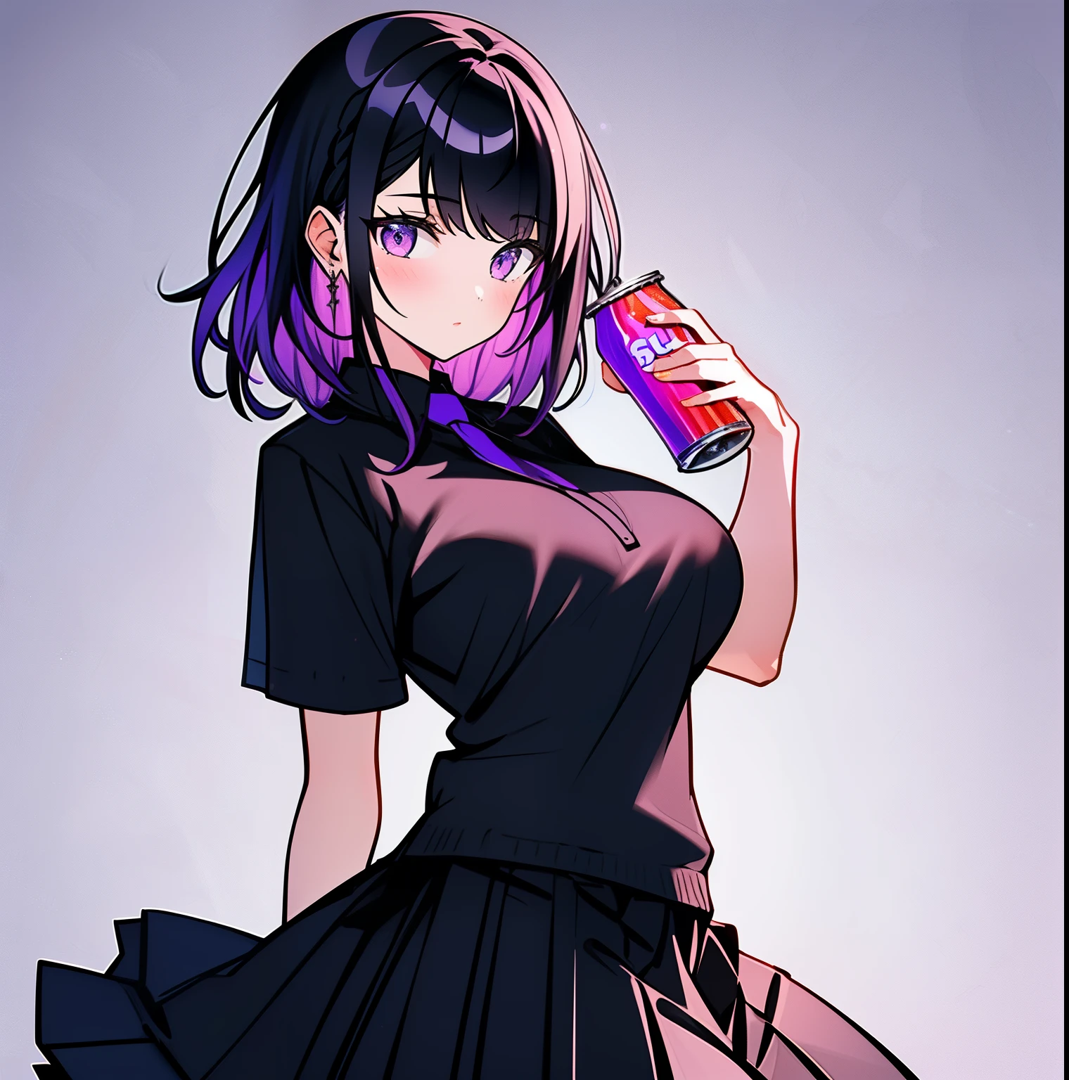 1 girl,solo,holding,soda,black hair,masterpiece, best quality,goth waifu,skirt,purple hair