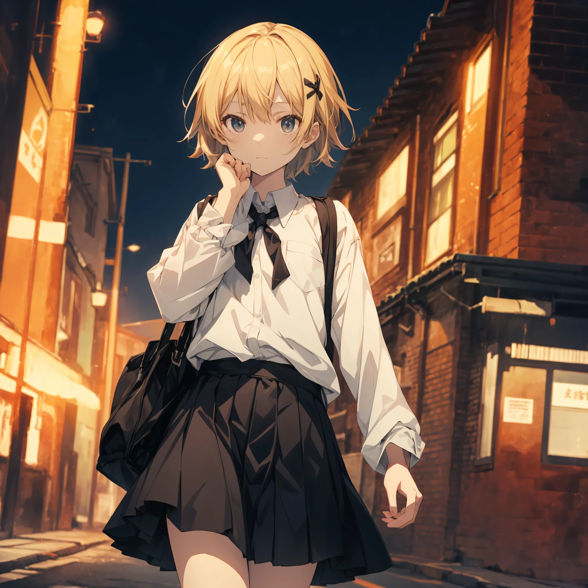 Super high quality by the art god, super detailed, High resolution,Shinkai Makoto style, anime moe art style, best anime 8K konachan wallpaper, pixiv contest winner, perfect anatomy, break,(眠そうにalone学校へ行く女の子を描いてください. ),break, surreal high school girl, (alone,lolita, , 13 years old:1.3),All limbs, full finger,, androgynous charm, (very short hair), messy hair, flat chest, , small ass, between legs, Small black eyes,beautiful and fine eyes, Well-proportioned iris and pupils, disgusted eyes, High resolutionの詳細な髪, wearing school uniform, (skirt), On the way to school. break,super dense skin, Best lighting by famous artists, 8K, figure,
