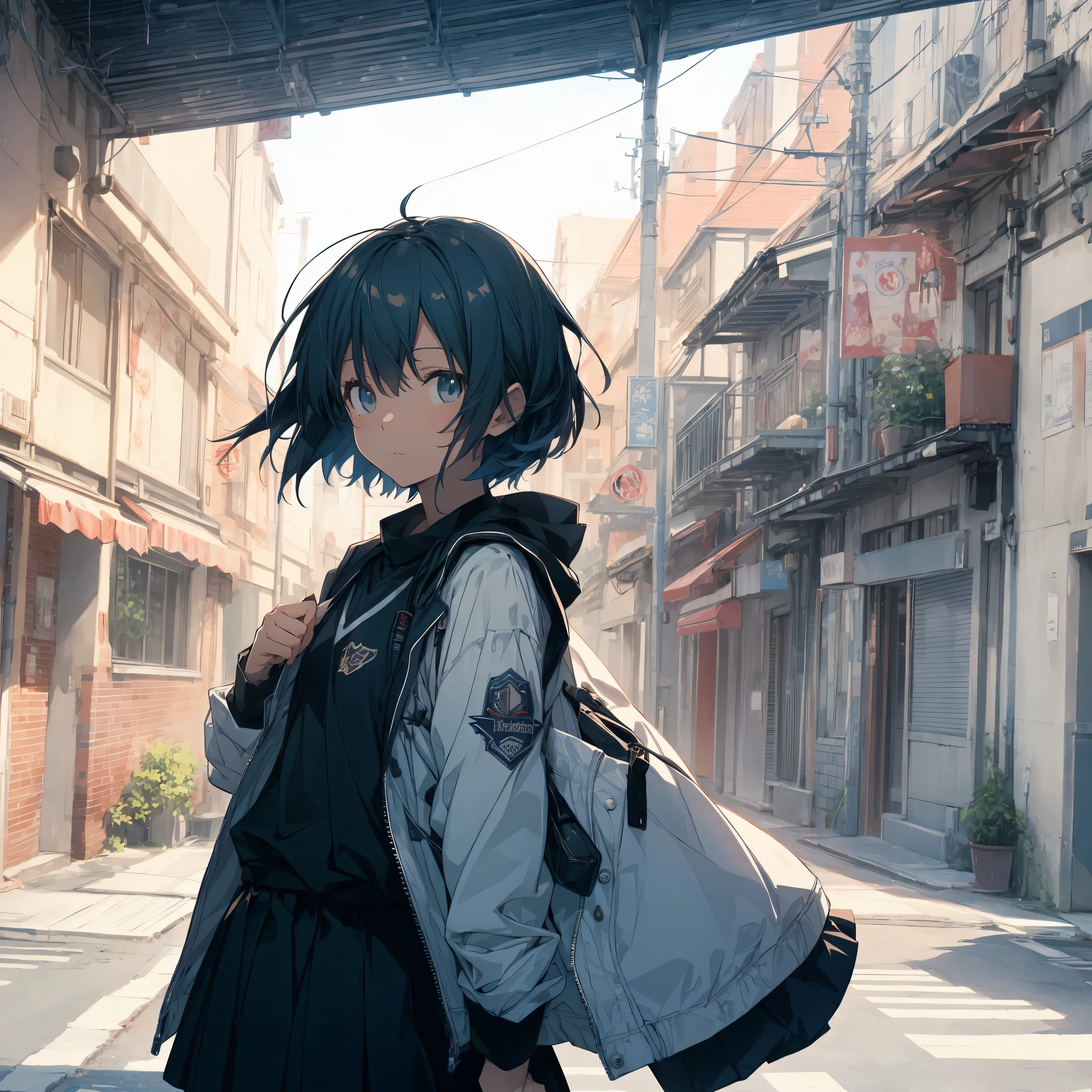 Super high quality by the art god, super detailed, High resolution,Shinkai Makoto style, anime moe art style, best anime 8K konachan wallpaper, pixiv contest winner, perfect anatomy, break,(眠そうにalone学校へ行く女の子を描いてください. ),break, surreal high school girl, (alone,lolita, , 13 years old:1.3),All limbs, full finger,, androgynous charm, (very short hair), messy hair, flat chest, , small ass, between legs, Small black eyes,beautiful and fine eyes, Well-proportioned iris and pupils, disgusted eyes, High resolutionの詳細な髪, wearing school uniform, (skirt), On the way to school. break,super dense skin, Best lighting by famous artists, 8K, figure,