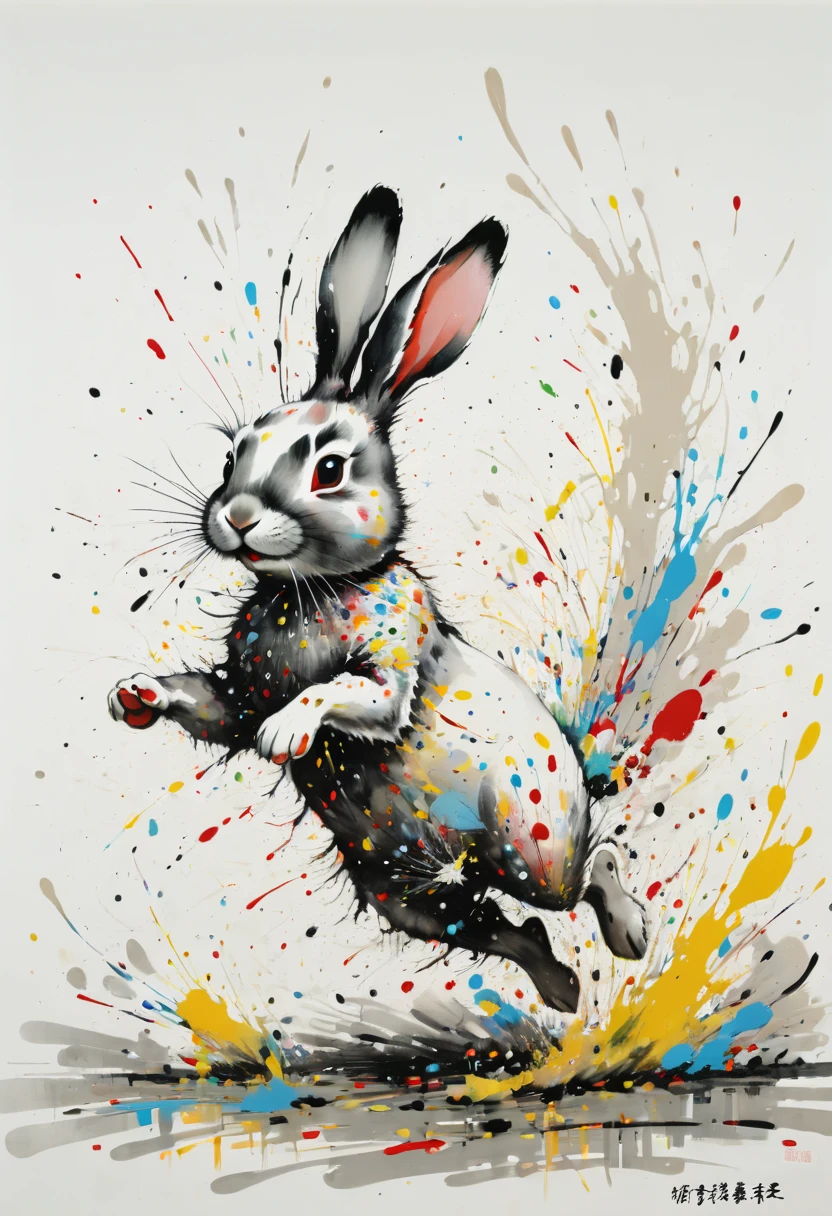 ink splash, paint splatter, Running rabbit, by Wu Guanzhong, intricate, (best quality, masterpiece, Representative work, official art, Professional, 8k)