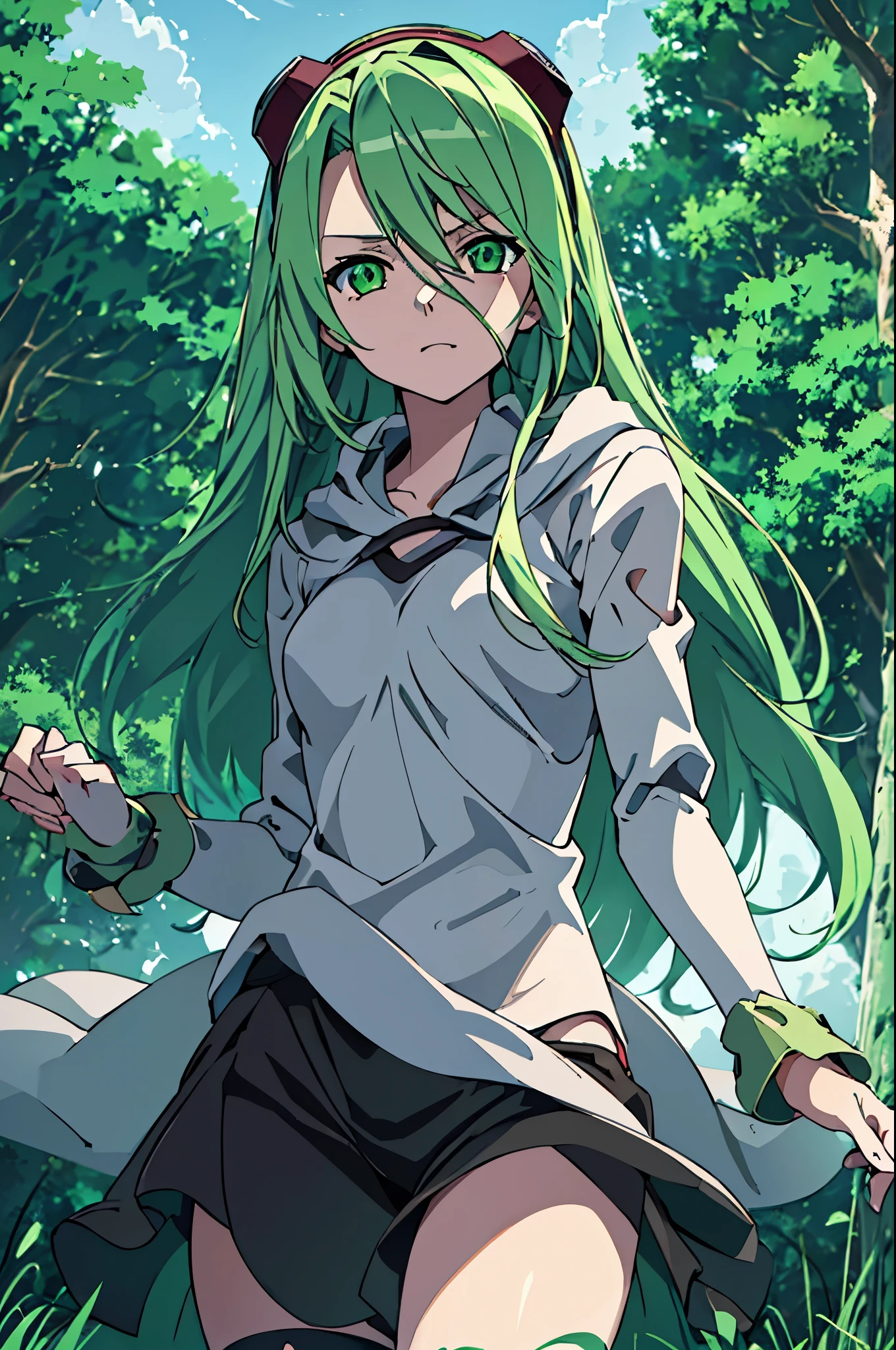 masterpiece, best quality, ((1girl)), (colorful), (finely detailed beautiful eyes and detailed face),cinematic lighting,body shot,extremely detailed CG unity 8k wallpaper, sky, cloudy_sky, building, moonlight, moon, night, (dark theme:1.3), light, fantasy, ((green Eyes)) (((green Hair))) ((Mischievous)) ((1girl)) ((Tomboy))