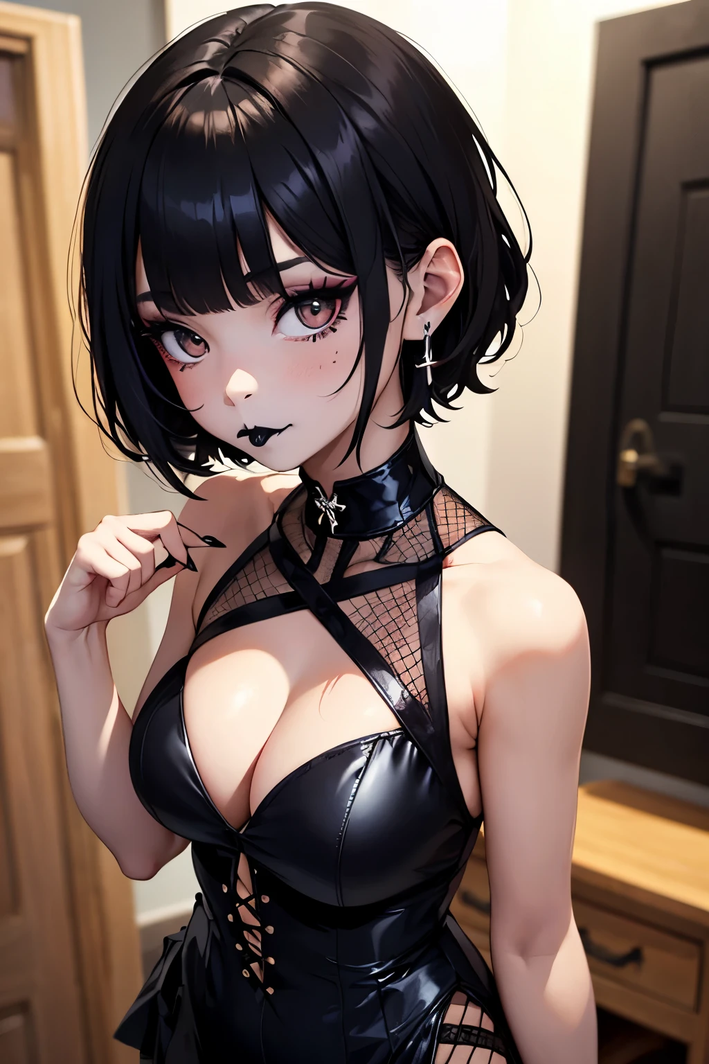 wide hips , (best quality, masterpiece:1.2), (((young girl))) inside a house, black gothic cleavage dress, goth girl, ((heavy makeup)), (((black lipstick))), , fishnet pantyhose, long nails. black polish nails, (((big breasts))), ((thick tighs)), young sensual gravure idol, short height, (((face))), (pale skin), ((hime haircut)), (short straight hair), beauty mark, ((bags under eyes)), ((black eyeshadow)), ((childish face)) ((small girl)), ((cross earrings)), ((snappy bangs)), blurred background