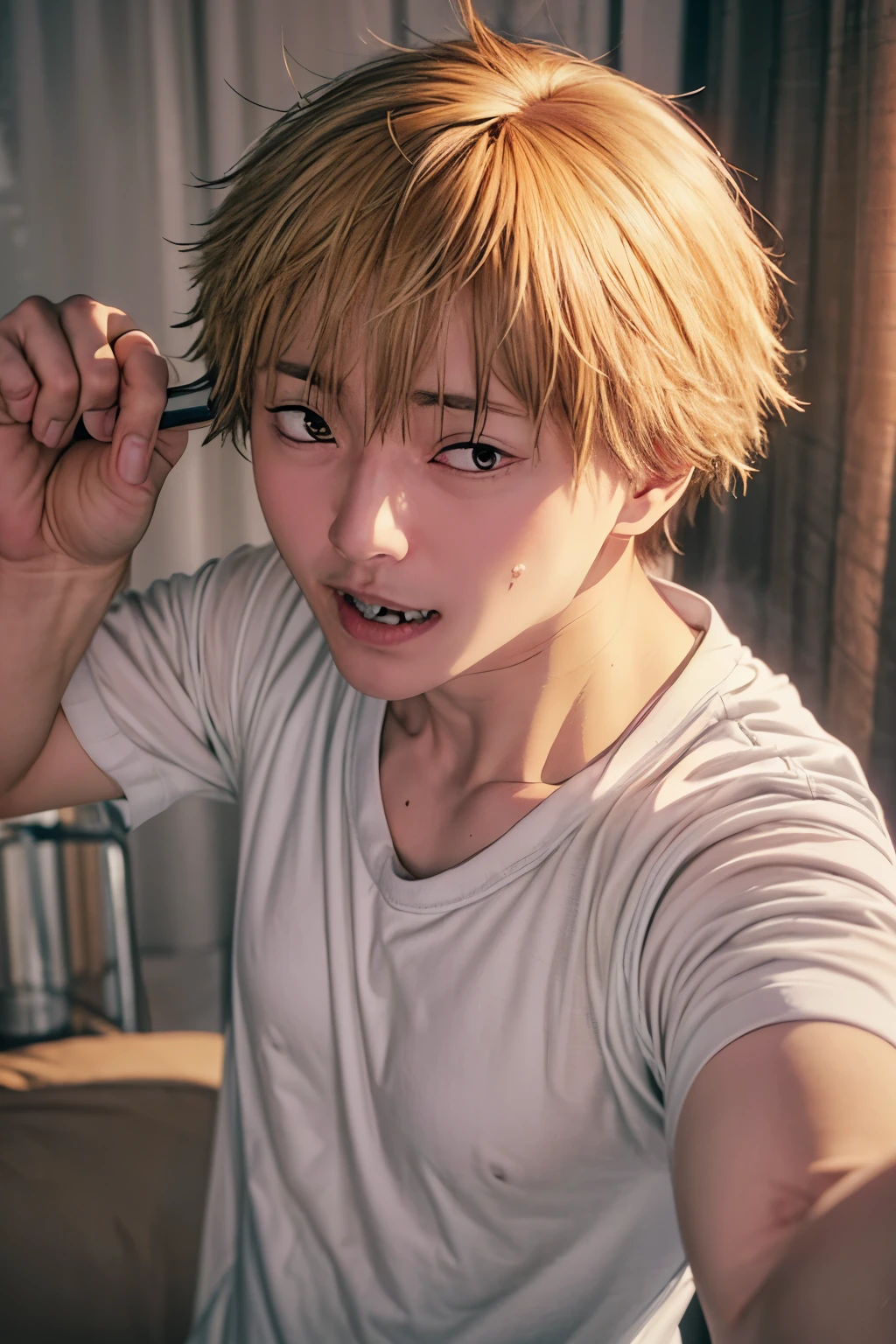 1 boy, solo, denji chainsaw man, short hair, blonde hair, lemonade pink hair, white t-shirt, male focus, looking at viewer, upper body, sharp, teeth,