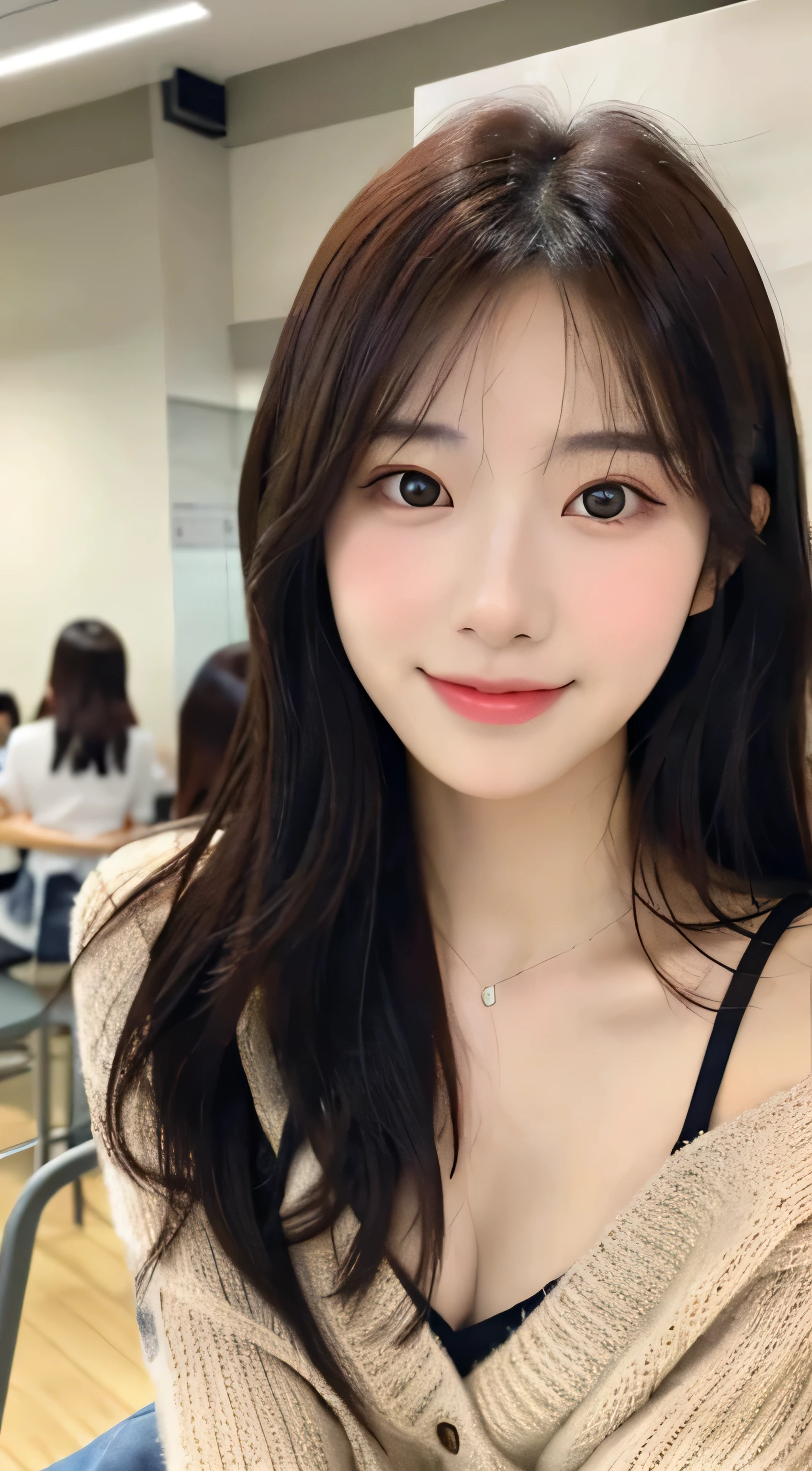 Female friends in a crowded cafeteria２People sitting in line and taking pictures with smartphones々Generates a full-body portrait of..。Wear tight knitwear , Body shape of gravure idols , G cup bust , Beautifully extended limbs in every detail , Close-up of a woman with long dark hair, realistic. Chen Yi, beautiful korean woman, A slightly embarrassed look'smile , beautiful portrait image, gorgeous face portrait, stunning anime face portraits, korean girl, high quality portrait, beautiful and delicate face, realistic beautiful face, beautiful young korean woman, beautiful realistic face, Cute delicate face, Portrait cute - well-groomed face