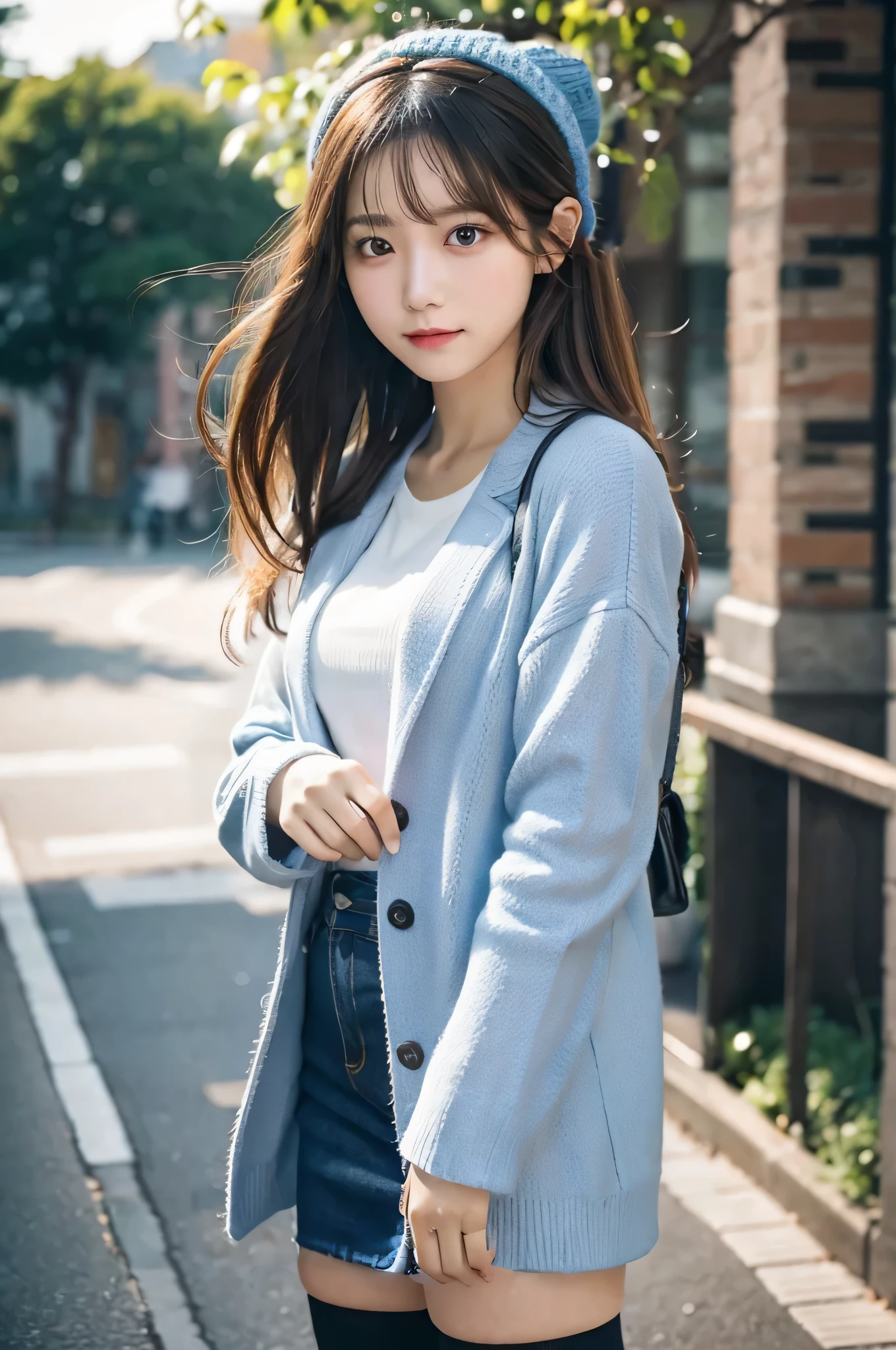 blue knitted hat、light blue long coat、