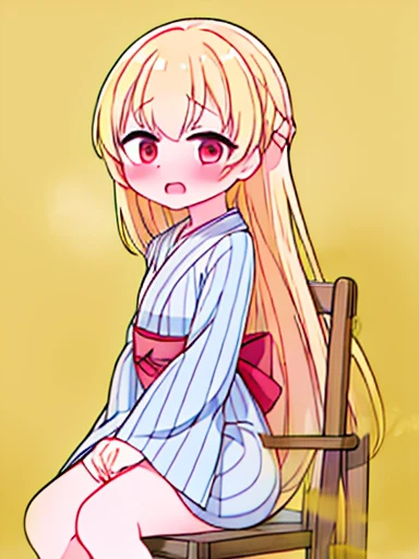1 girl、Nodoka(Buruaca)、8K、must-have、anime、fart、blush、lots of yellow gas、Yellow gas comes out from the butt、animeチック、Gray yukata、red eyes、long hair、Gentle Pose、blonde、Hip Attack、open your mouth、shyness、sit on a chair