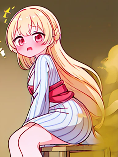 1 girl、Nodoka(Buruaca)、8K、must-have、anime、fart、blush、lots of yellow gas、Yellow gas comes out from the butt、animeチック、Gray yukata、red eyes、long hair、Gentle Pose、blonde、Hip Attack、open your mouth、shyness、sit on a chair