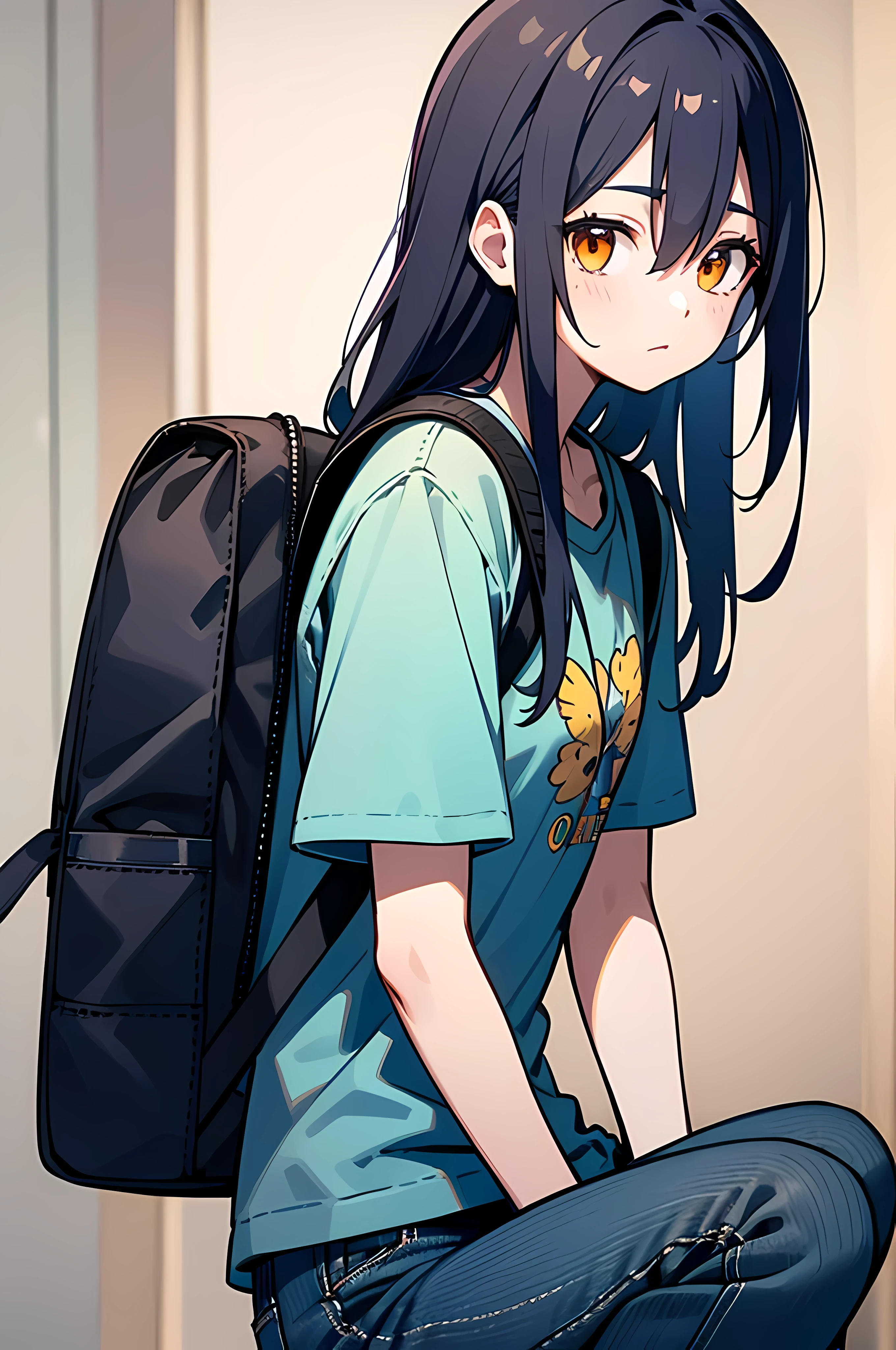 (8K Ultra High-Quality) (Masterpieces) (Image) (人物: Rimuru) 1 Girl 17years old, Long Black hair, Orange eyes colors, wearing Black T-shirt cover with another Jean Jacket, wearing Jean, background in School at Cafeteria, she carrying backpack, looking at viewer.