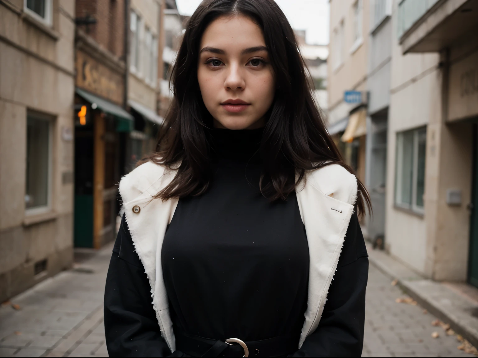 photography of a 24 years old woman, perfect face, masterpiece, street , waist shot , black warm dress , winter , long black hair