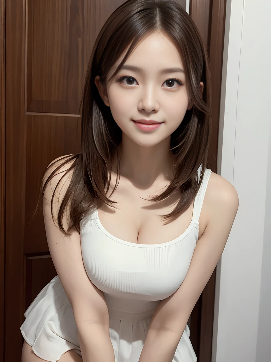 high school, (knee socks), (innocent and elegant girl: 1.2), (layered hairstyle, brown hair), medium long hair, (refreshing smile: 1.2), ((upper body shot: 1.2)), (CUHK breathing: 1.2), (Upper bust), (White skin: 1.2), (home door: 1.2), (view viewer: 1.1), looking from a distance, Highly detailed facial and skin textures, delicate eyes, double eyelids, Pale cheeks, shiny skin, without a shiny small neck, shiny lips: 1.4, facial lighting, , korean idol, nogizaka idol, idol carving, actor