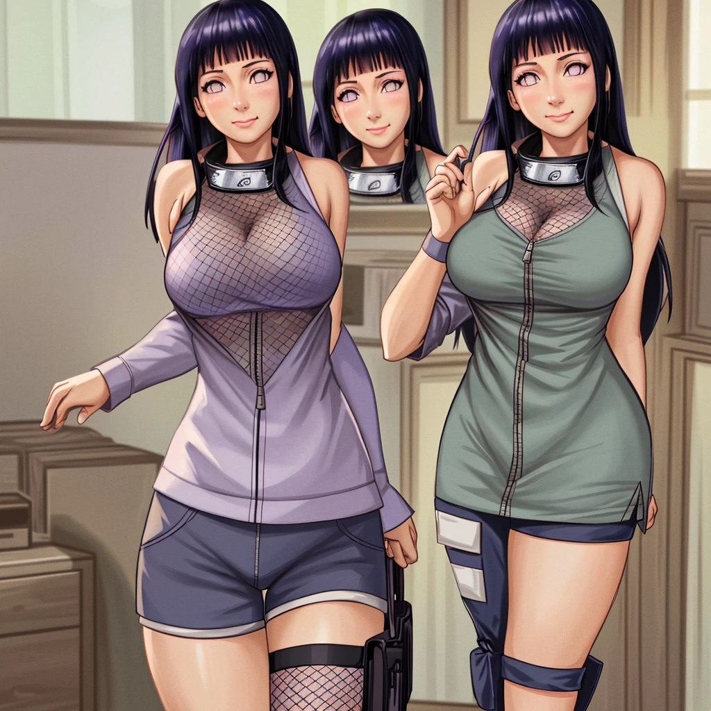 Masterpiece, highres, high Quality, detailed face, detailed body render, 1girl, solo, hyuuga hinata, hinata-sleeveless-outfit, large breasts, big breast, sleeveless shirt, fishnet top, dark lips, unzipped jacket, no bra, breasts out, nipple, standing, blushes, (on bedroom), zoom out