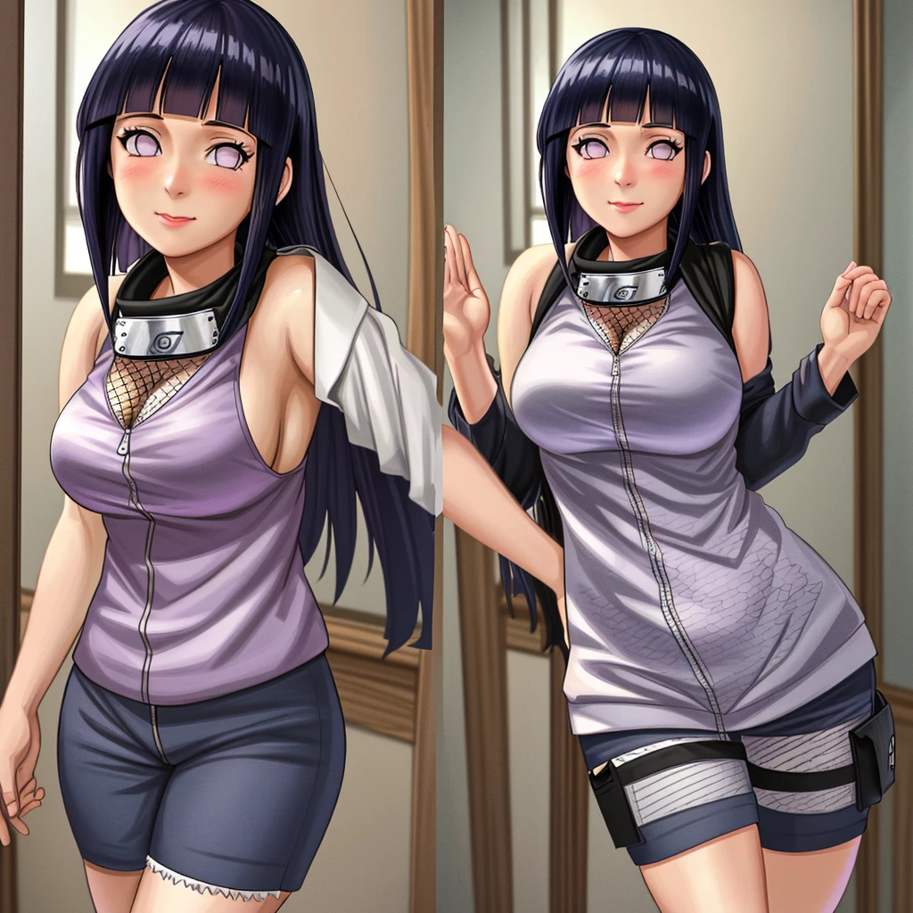 Masterpiece, highres, high Quality, detailed face, detailed body render, 1girl, solo, hyuuga hinata, hinata-sleeveless-outfit, large breasts, big breast, sleeveless shirt, fishnet top, dark lips, unzipped jacket, no bra, breasts out, nipple, standing, blushes, (on bedroom), zoom out