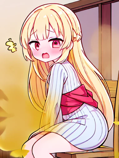 1 girl、Nodoka(Buruaca)、8K、must-have、anime、fart、blush、lots of yellow gas、Yellow gas comes out from the butt、animeチック、Gray yukata、red eyes、long hair、Gentle Pose、blonde、Hip Attack、stick out your butt、open your mouth、shyness、sit on a chair