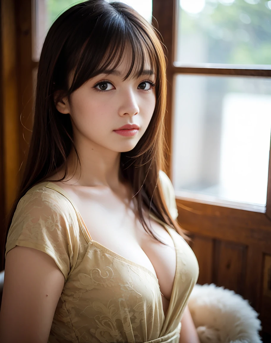 best quality, Face focus, soft light, ultra high resolution, (lifelike:1.4), original photo,
1 japanese girl, alone, Lovely, (pupil, There is light in the eyes),  Detailed beautiful face, (),(High-resolution detail of human skin texture),
(long hair),
indoor,
Damask shirt dress,Exhibitionist，slutty，duck sitting
(portrait)