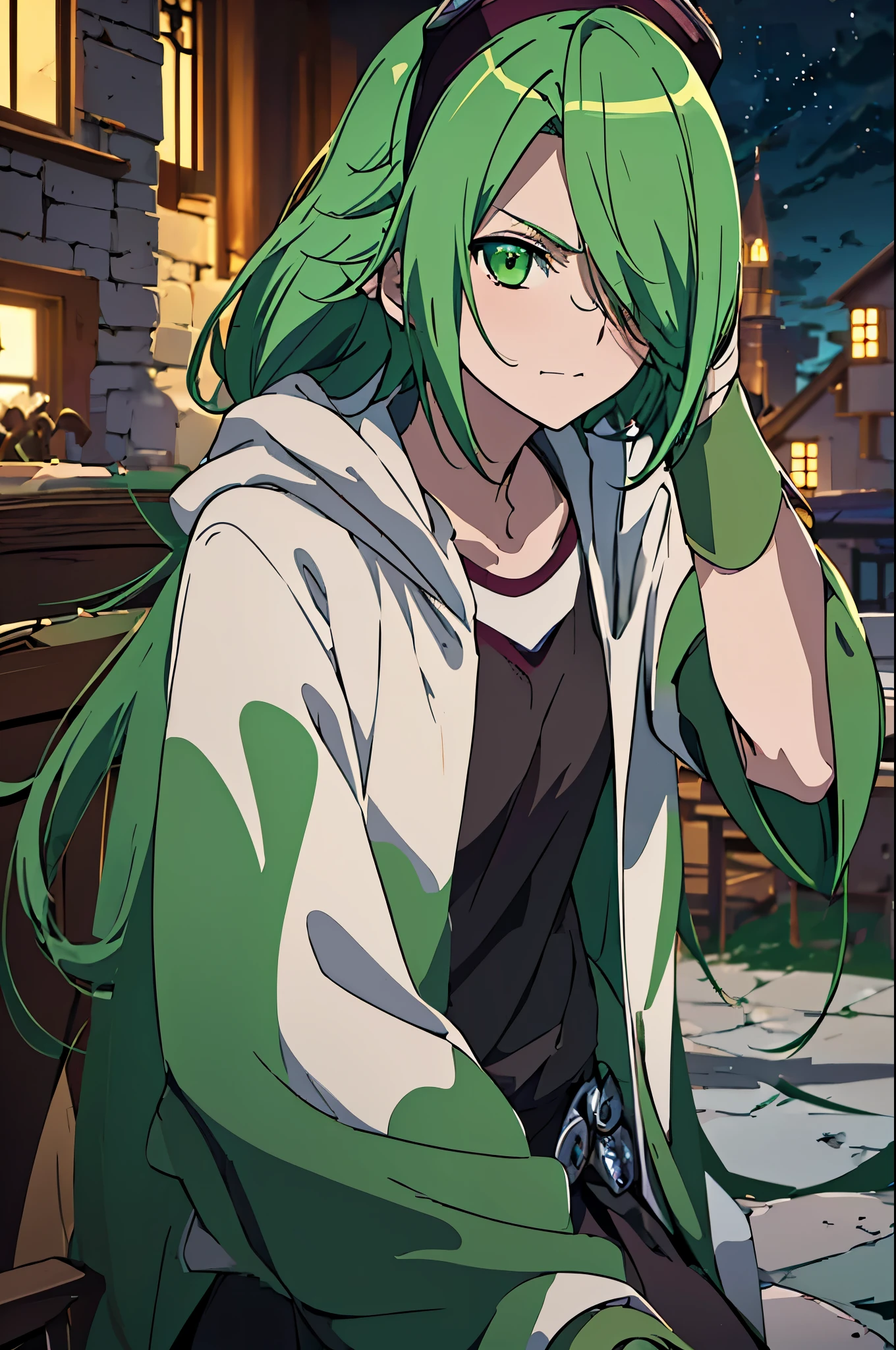 masterpiece, best quality, ((1girl)), (colorful), (finely detailed beautiful eyes and detailed face),cinematic lighting,body shot,extremely detailed CG unity 8k wallpaper, sky, cloudy_sky, building, moonlight, moon, night, (dark theme:1.3), light, fantasy, ((green Eyes)) (((green Hair))) ((Mischievous)) ((1girl)) ((Tomboy))